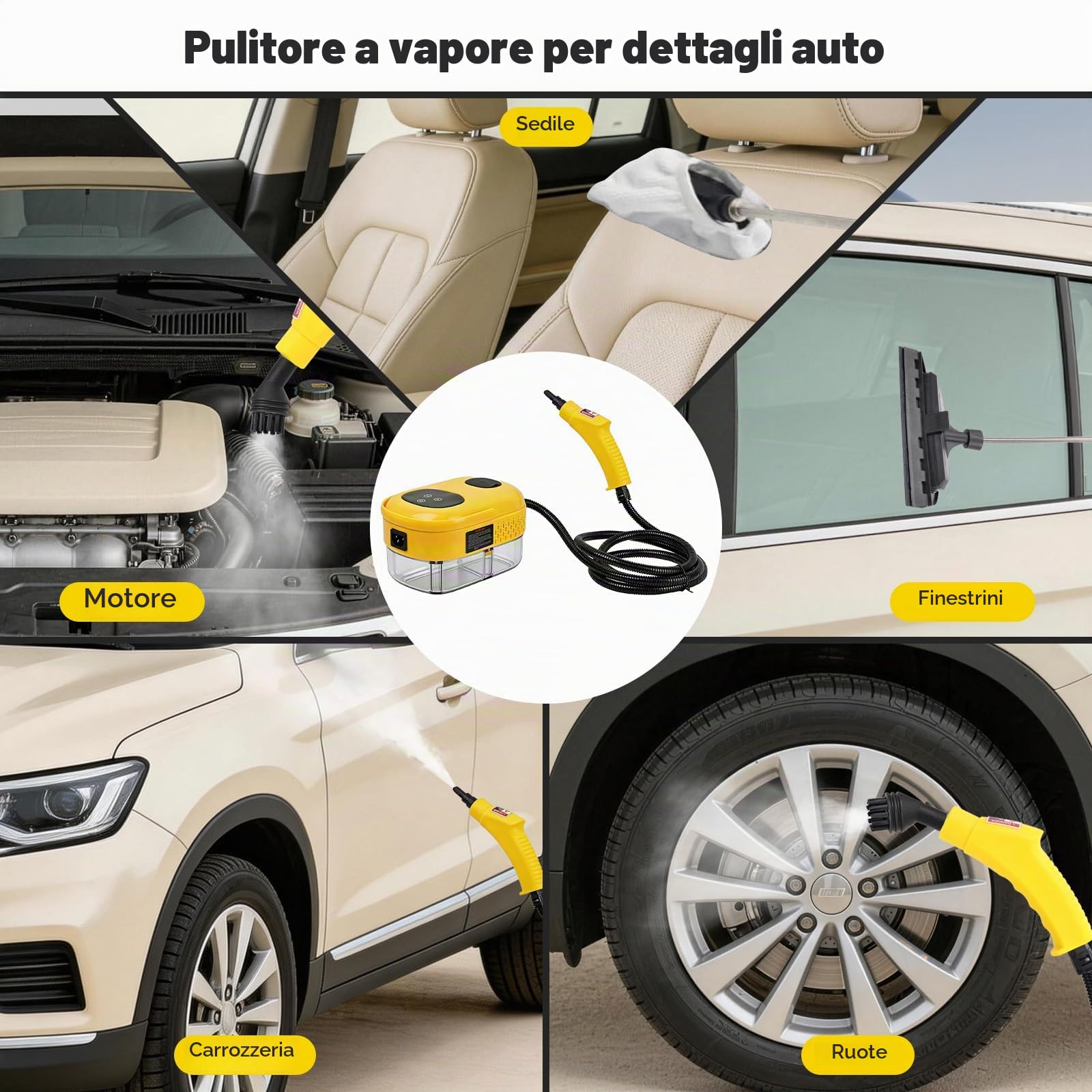 Pulitore a Vapore Portatile 2500W,3 Bar,Serbatoio 1100ml | Pulitore Vapore Casa con 6 Livelli di Temperatura,12 Accessori,Multiuso per Cucina Bagno Divani Auto