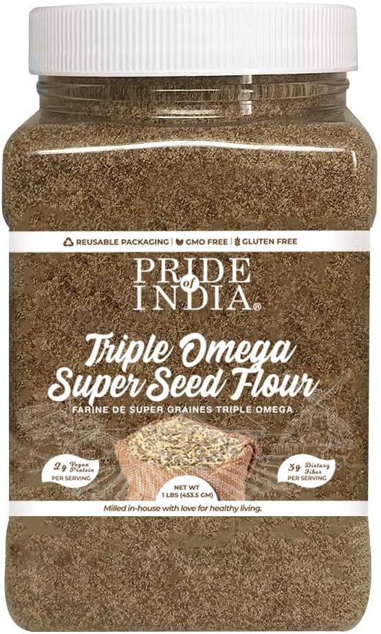 Pride of India- Triple Omega Superseed Flour 1 lbs (454 gm) Nutty Earthy Taste Milled in Small Batches | Chia Flax Sesame Seed mix | Ideal for Muffins Smoothies Oatmeal Pudding | Vegan, Gluten-Free