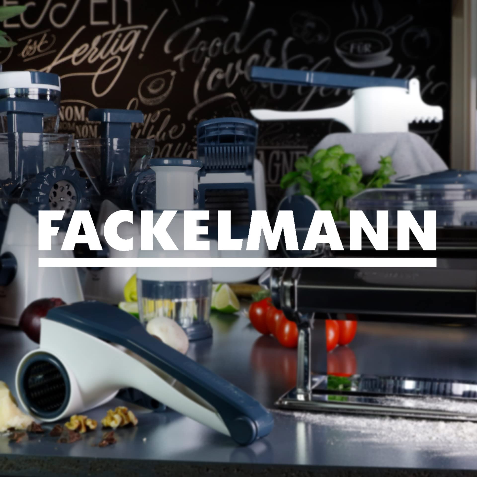 Fackelmann 27902 Coupe frite Manuel avec récipient et Brosse de Nettoyage, Coupe légumes, Coupe frite, ustensile de Cuisine, Plastique, Blanc, Bleu, 11,5 x 10 x 16 cm