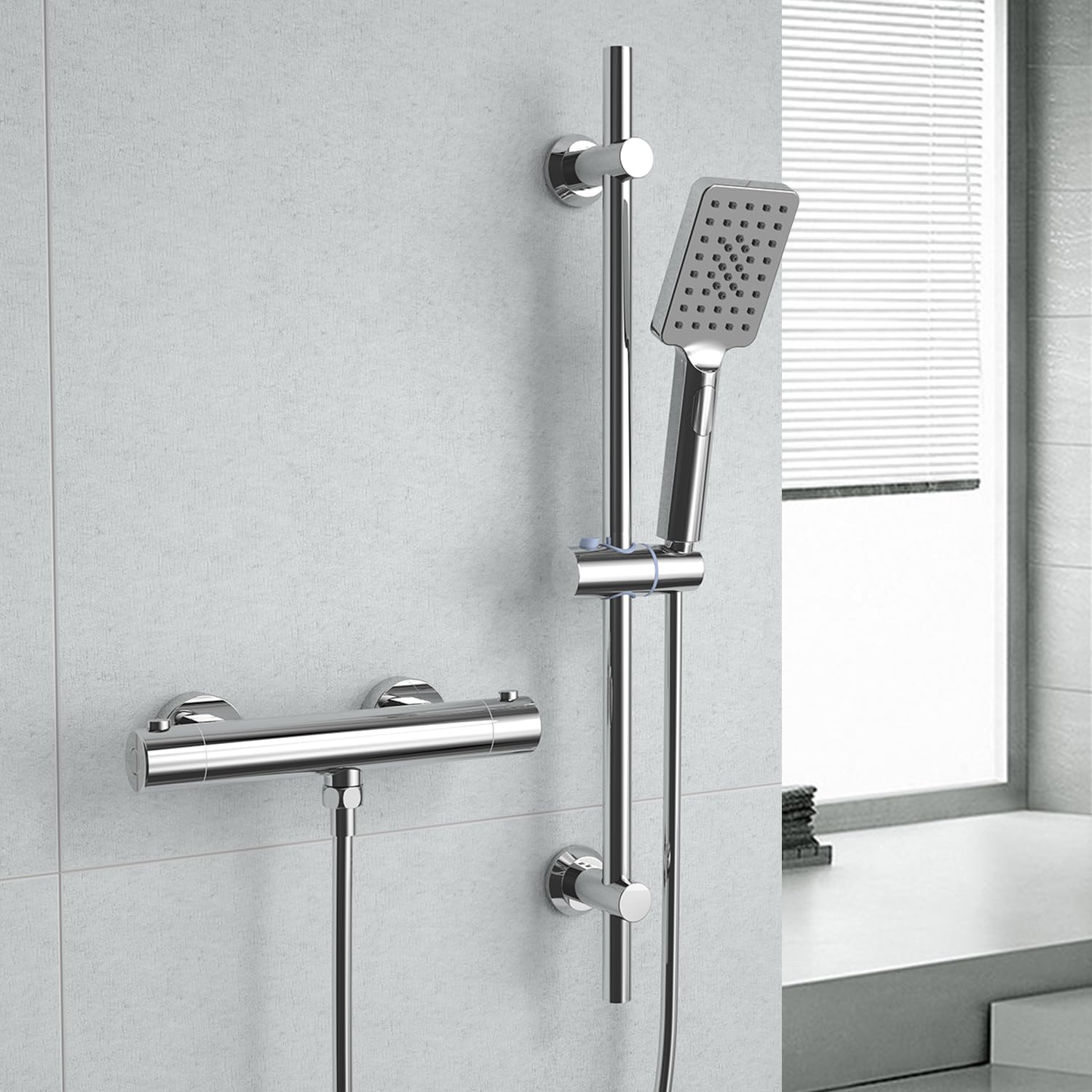 Görbach Thermostat Duscharmatur mit 38 °C Sicherheitstaste, Mischbatterie Dusche Thermostat, Chrom Badewannenarmatur für Dusche und Badewanne