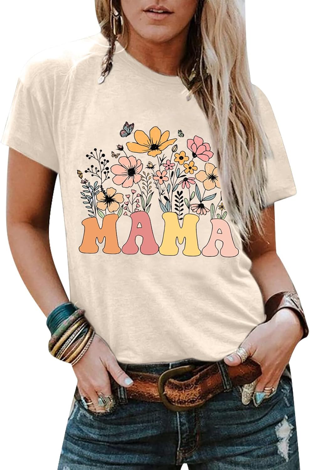 Flowers Mama Shirts for Women Floral Mom Life T-Shirt Graphic Tee Casual Short Sleeve Tops - Image 3