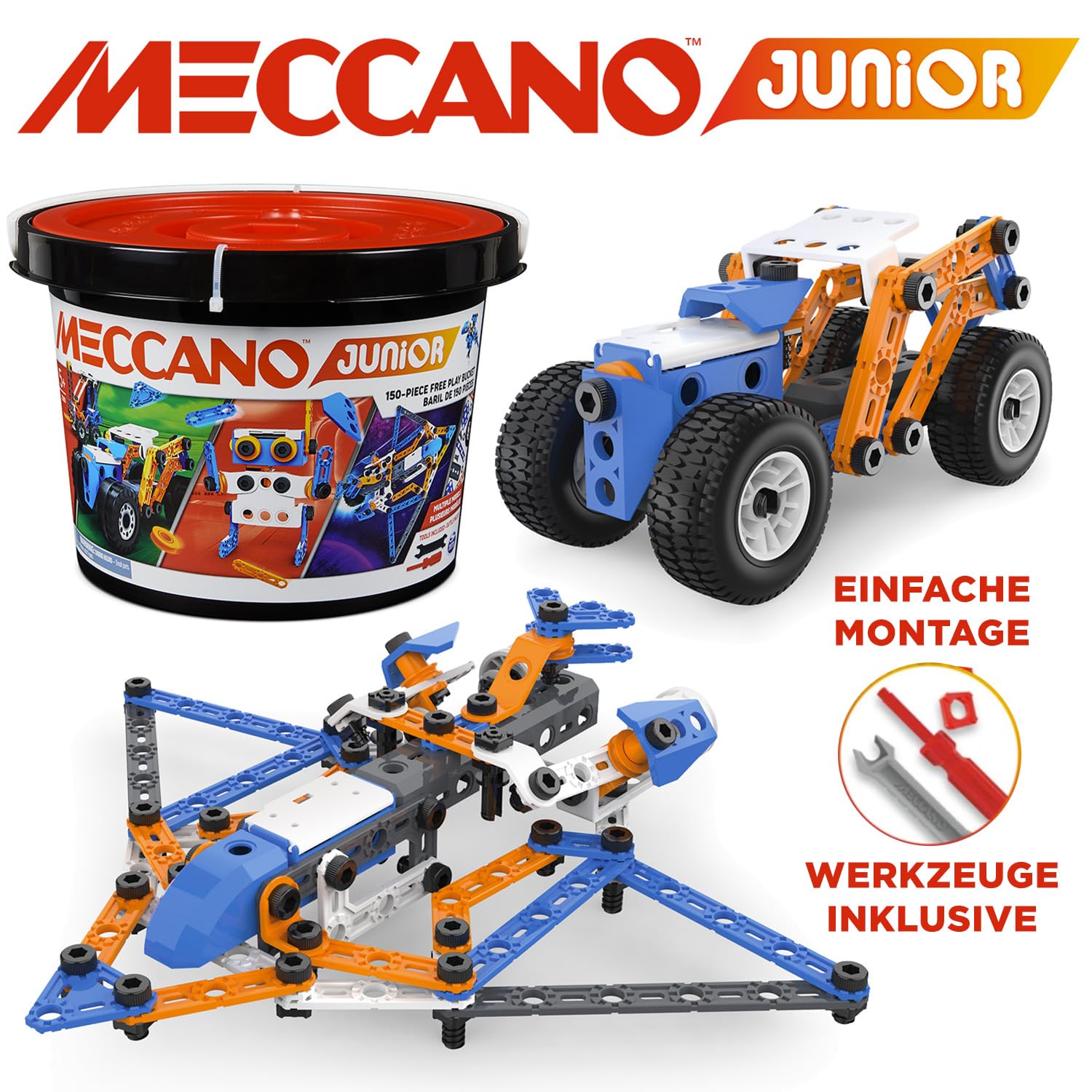 BANDAI - Meccano Junior Fass 150 Teile - Konstruktionsset 5 Modelle, 2 Werkzeuge, Anleitung, Aufbewahrungseimer - Aktivitäts-Kit Zusammenbau Spielzeuge & Fahrzeuge - Spielzeug ab 5 Jahren - APM19103