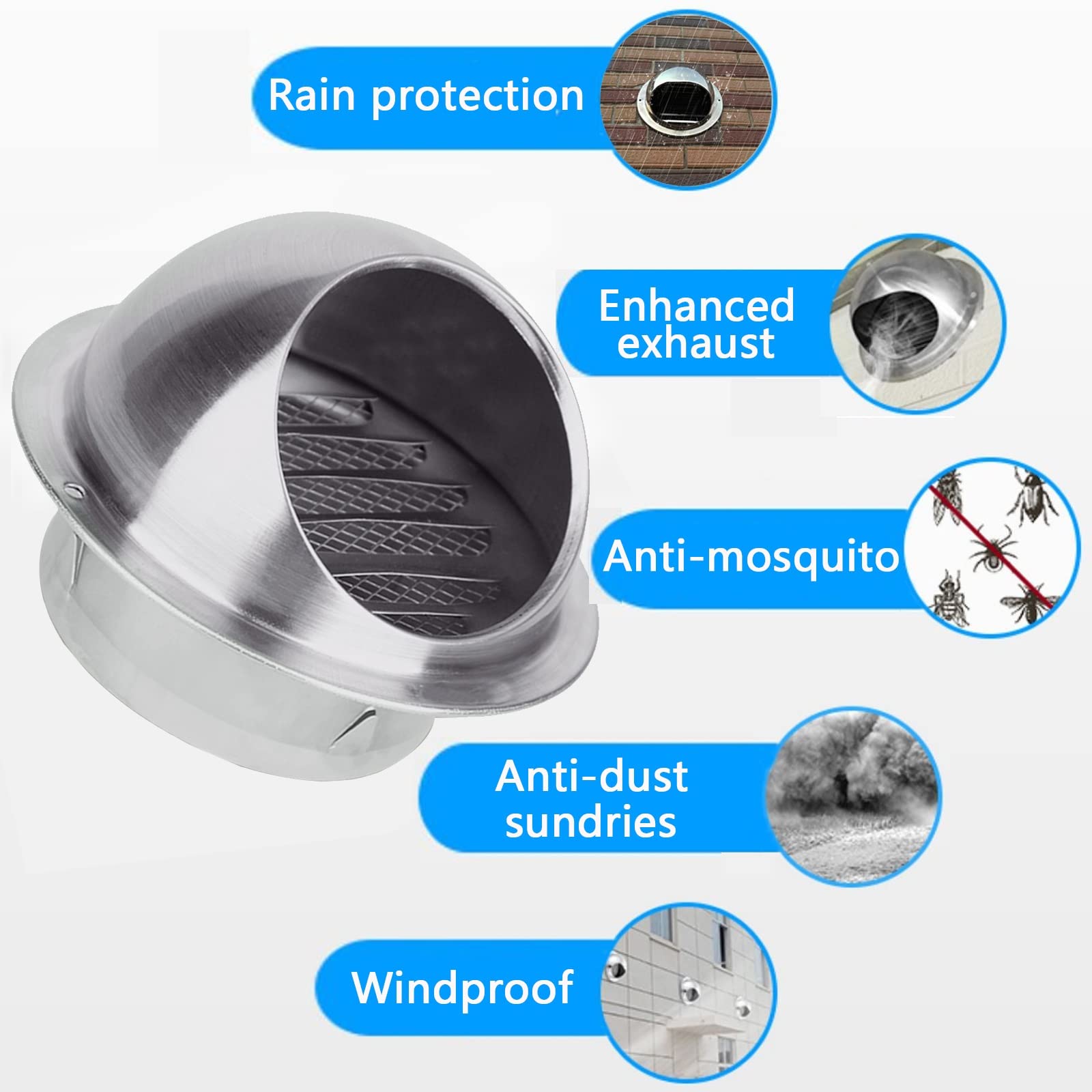 Grille D'Aération avec/Maille, Couvercle De Ventilation Sortie D'évacuation Grille D'Aération Ronde Grille Ventilation Hotte, Résistant Aux Intempéries Sortie D’air Murale