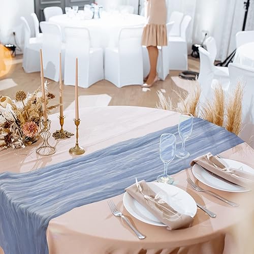 Miniatura 6 de Paquete de 2 caminos de mesa de estopilla de 13 pies, estilo bohemio, de gasa rústica, color azul polvoriento, de 35 x 160 pulgadas de largo para