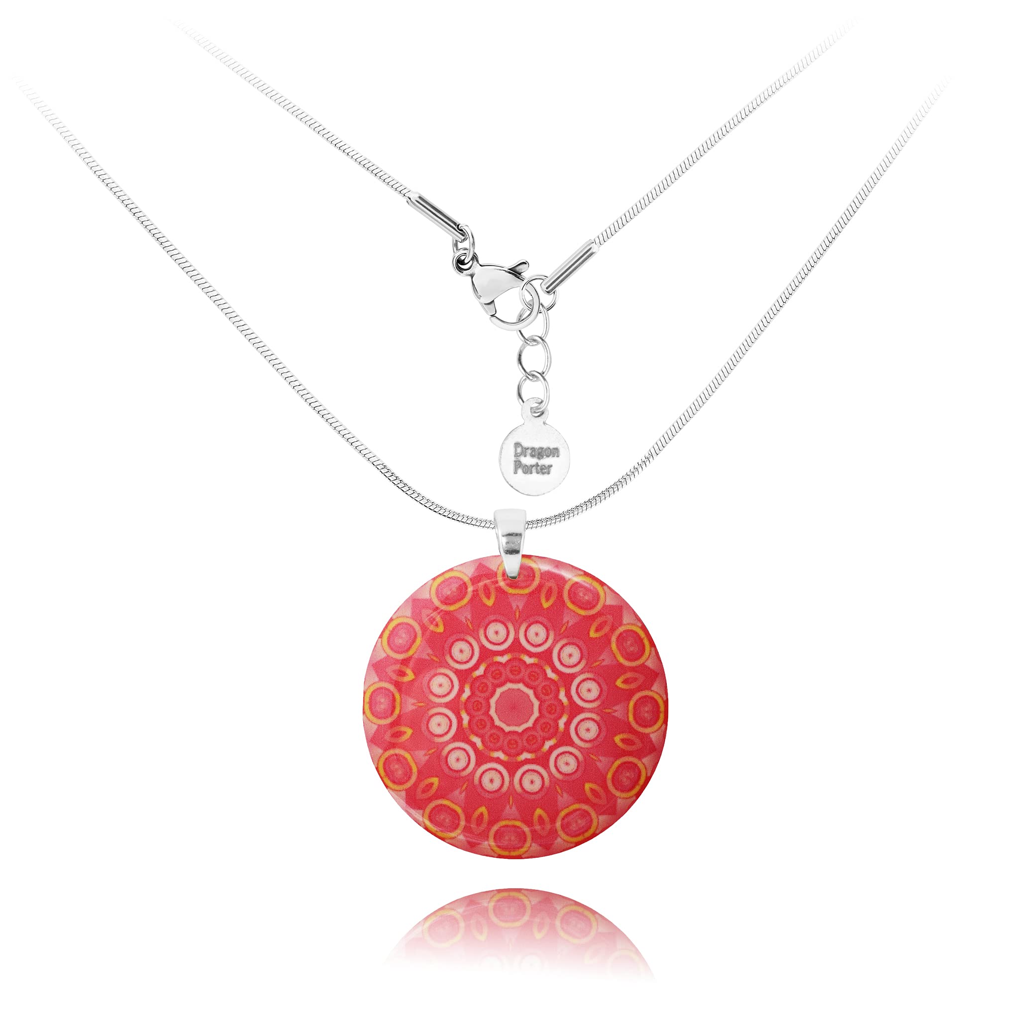 Boho Round Pendant with Adjustable Stainless Steel Chain Necklace (Style 19 - Coral Red)