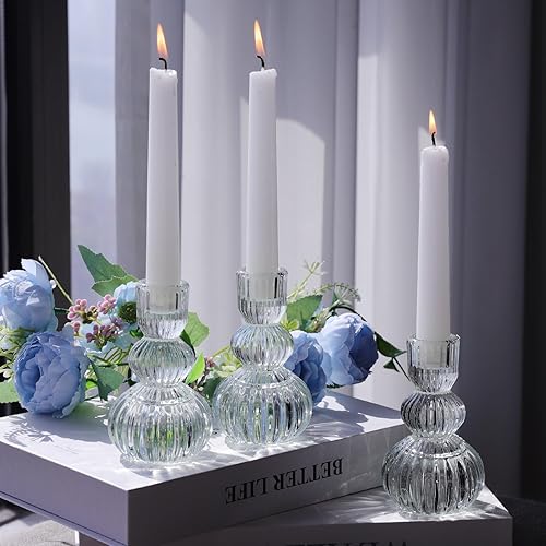 Miniatura 3 de Woho Portavelas transparentes de 4.3 pulgadas de alto, juego de 3 para mesa de boda, candelabros de vidrio acanalado para decoración diaria del
