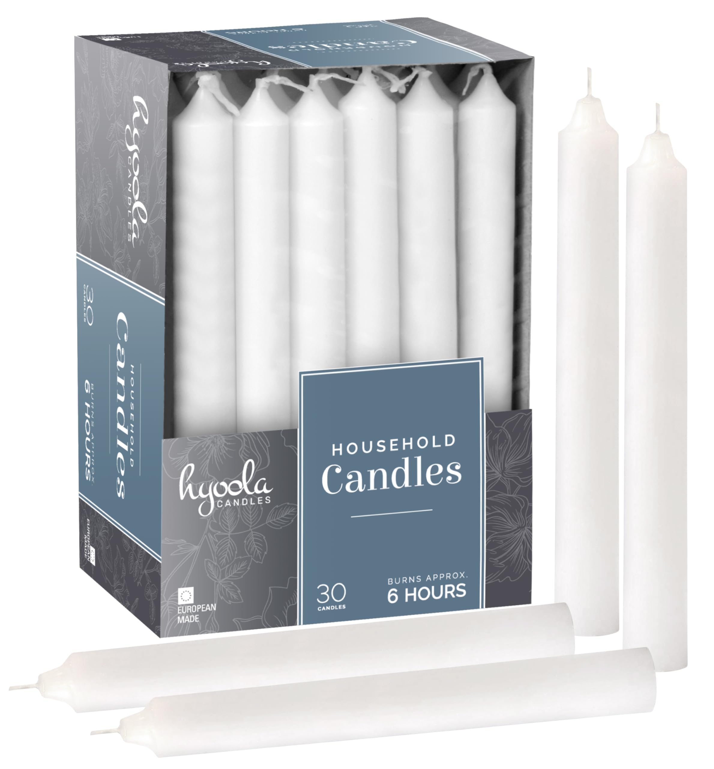 Hyoola Taper Candles - 7 Inch White Dripless, Unscented Dinner Candle - 30 Pack European Made Candles 6 Hour Burn Time