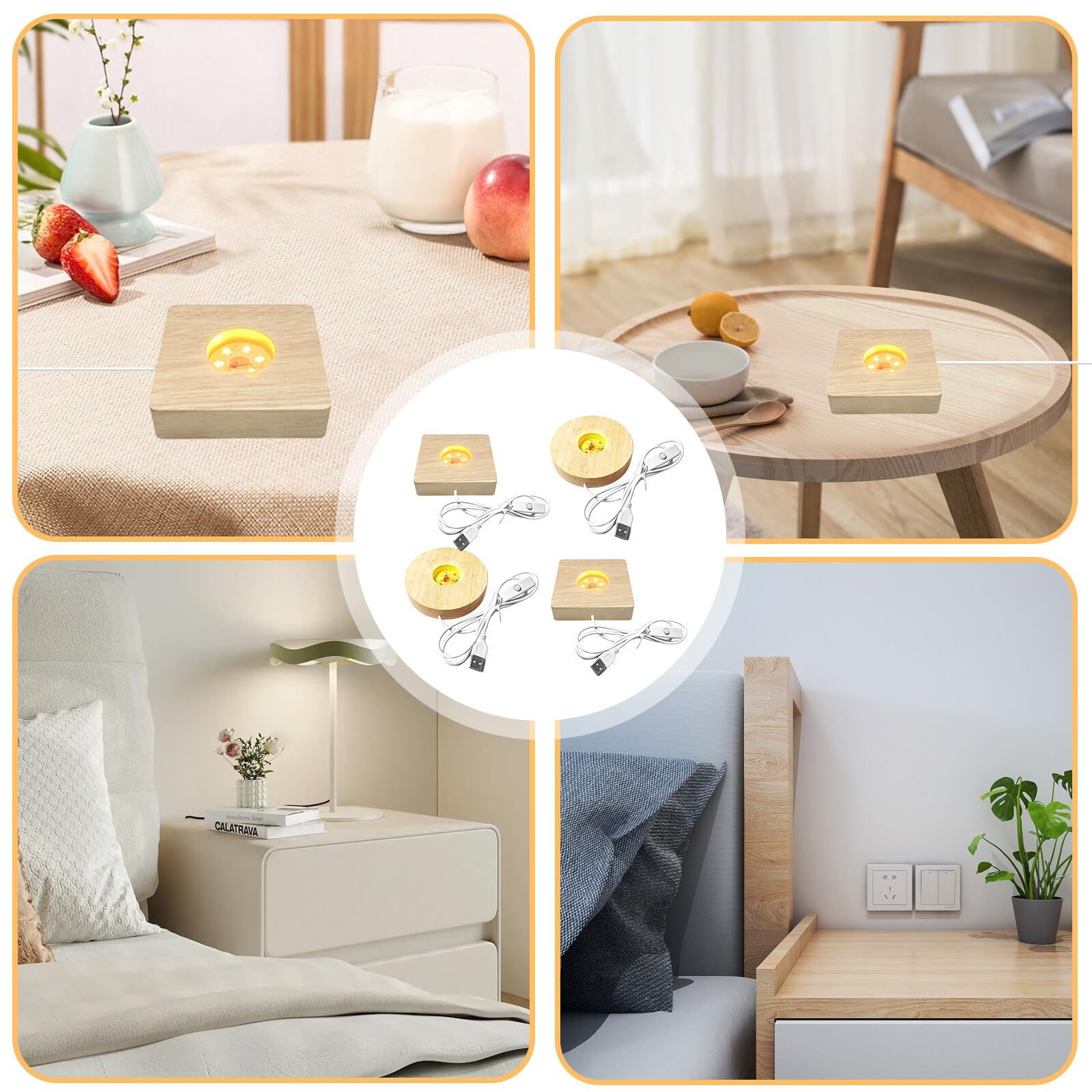 BORDEAG LED Luci Display Base, 4 Pezzi Base Luce Led Legno con USB, Base Rettangolare con Led per Lastra in Acrilico, Lastra in Cristallo, Lunghezza 15 cm, Bianco Caldo