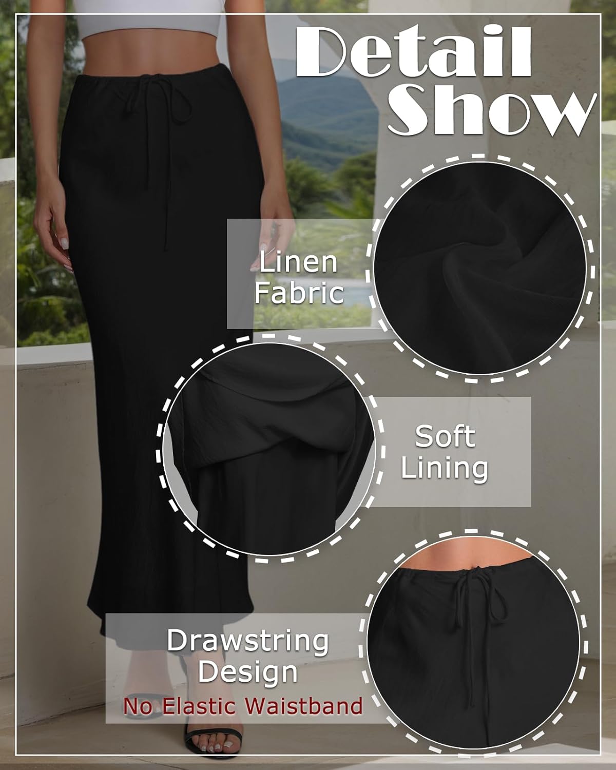 Women's Linen Drawstring Maxi Skirt High Waisted Flowy Flared A-Line Long Skirts with Lining - Image 5