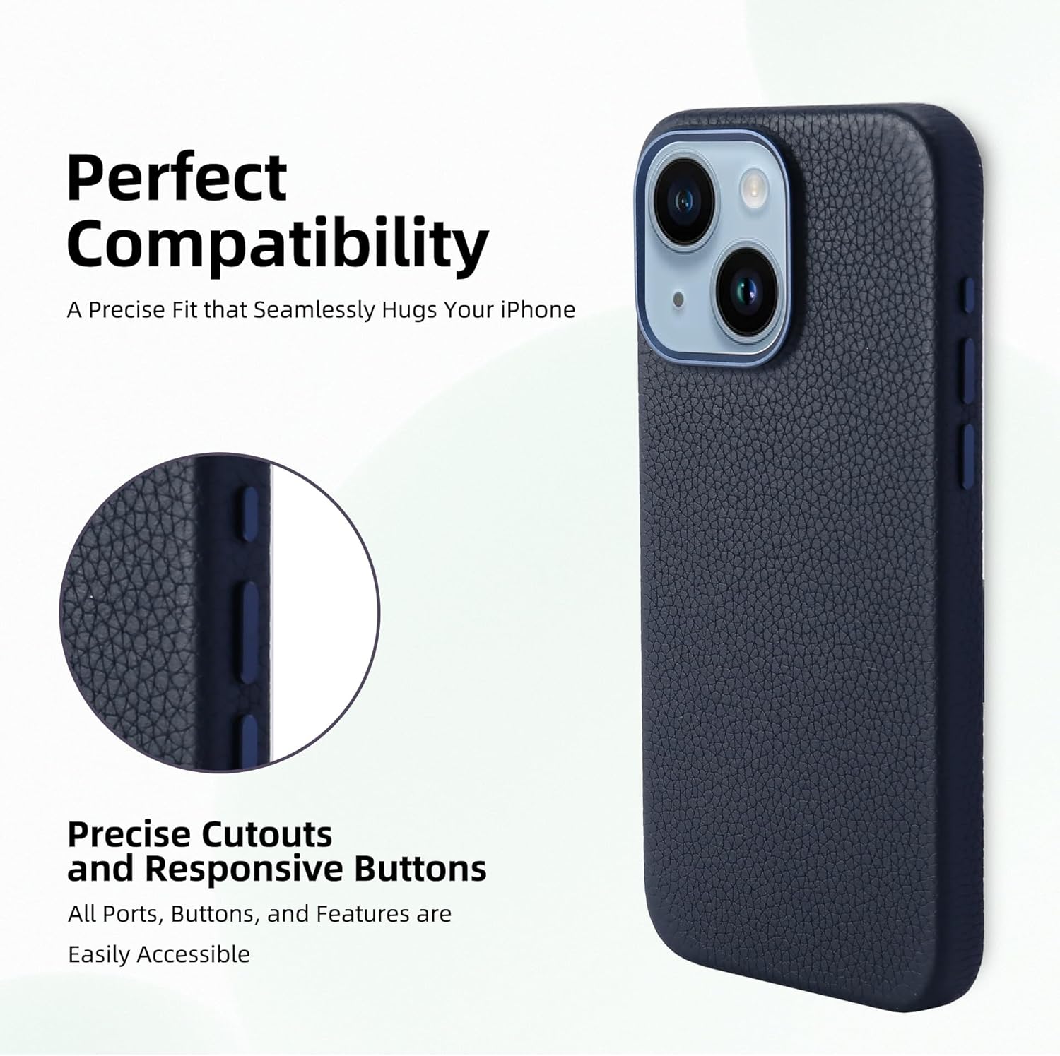InUnion Leather Case for iPhone 16 Pro Case Compatible with MagSafe- Stylish Litchi Top Grain Cowhide Genuine Leather Phone Case with Protective Soft Lining, Metal Buttons & Camera Frame, 6.3 Inch