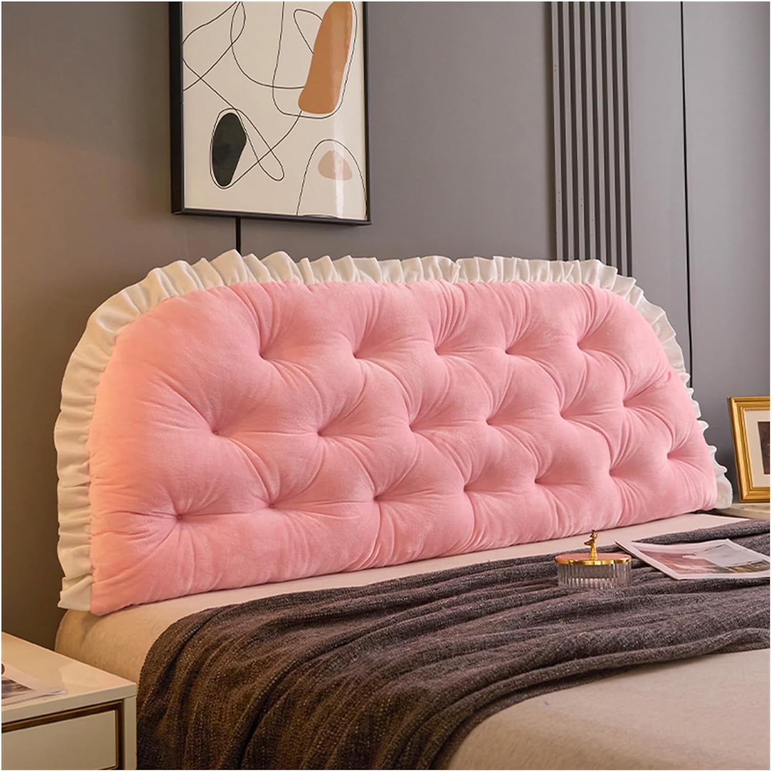 College Dorm Bed Bolster Pillow - Ruffled Tufted Headboard Cushion for Sitting in Bed, Velvet Long Reading Backrest Support Positioning Pillow (Silver Gray, Twin 35.4"x19.7"x2")