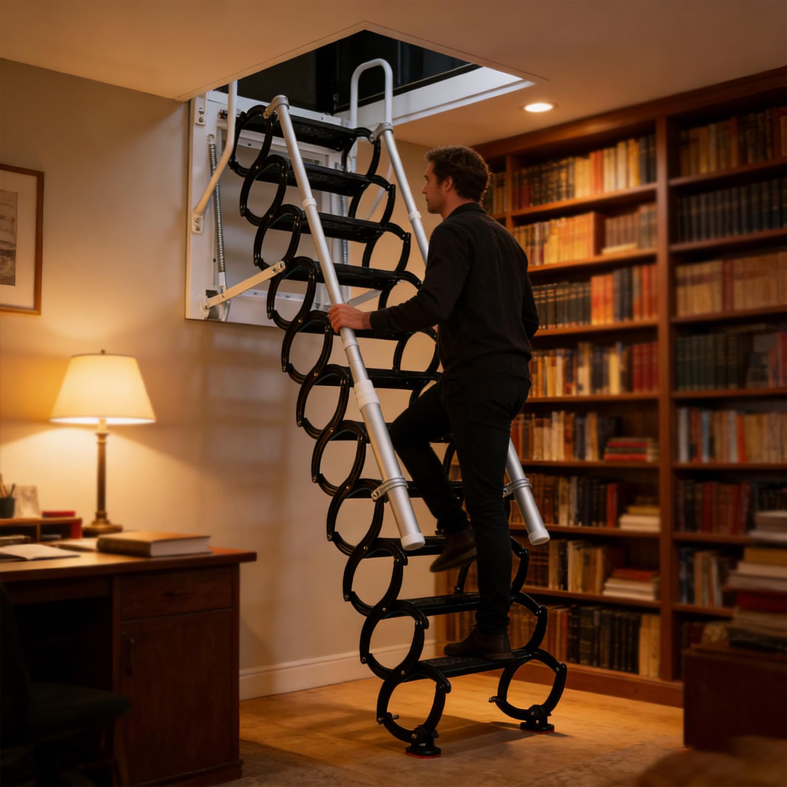 Escalera telescópica para ático montada en la Pared, Escaleras para ático desplegables con reposabrazos, Escaleras de ático de Pared abatibles, Exteriores (Blanco, A-12)