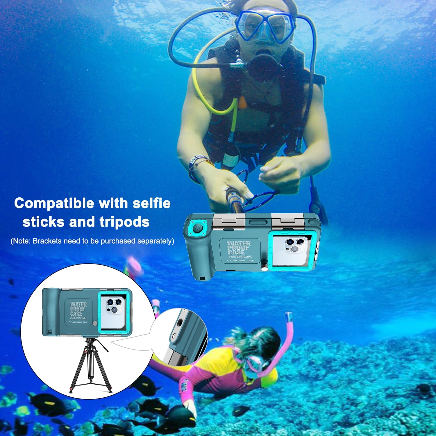 Underwater Snorkeling Diving Phone Case for iPhone 17/16/15/14/13/12/11Pro Max/XR/XS/X Samsung Galaxy S25/24/23/22/21, Professional Scuba Dive Waterproof Housing Underwater Photo Video(Teal-Blue)