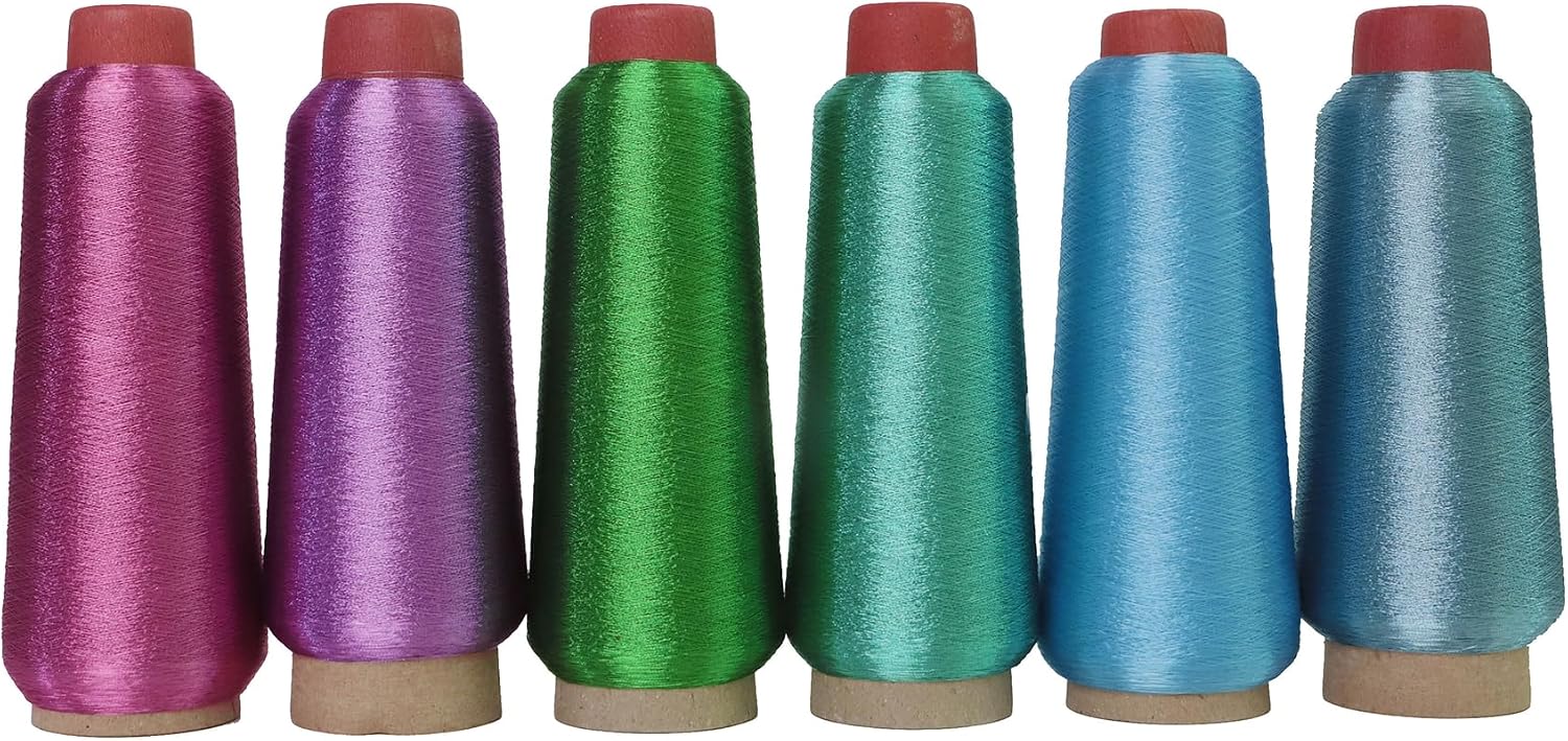 Shiny Colors Metallic Embroidery Machine Thread Kit 6 Cones of 3000M Each Spool Thread Total 18000M for Computerized Embroidery and Decorative Sewing (Set E)