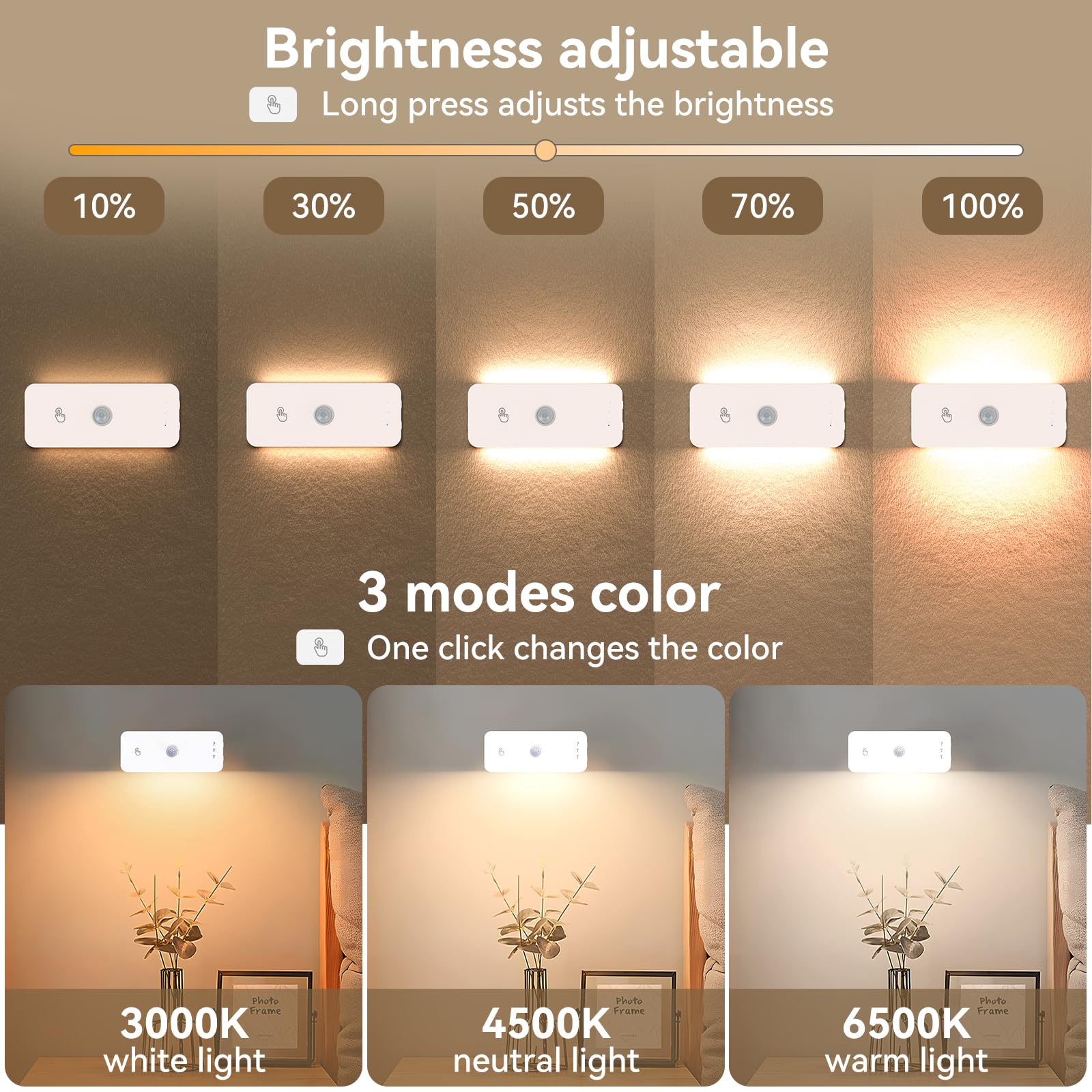 Luz nocturna con detector de movimiento, inalámbrica, recargable, luces LED para escaleras, detector de movimiento interior, luz nocturna para niños y 3 modos de temperatura de color para