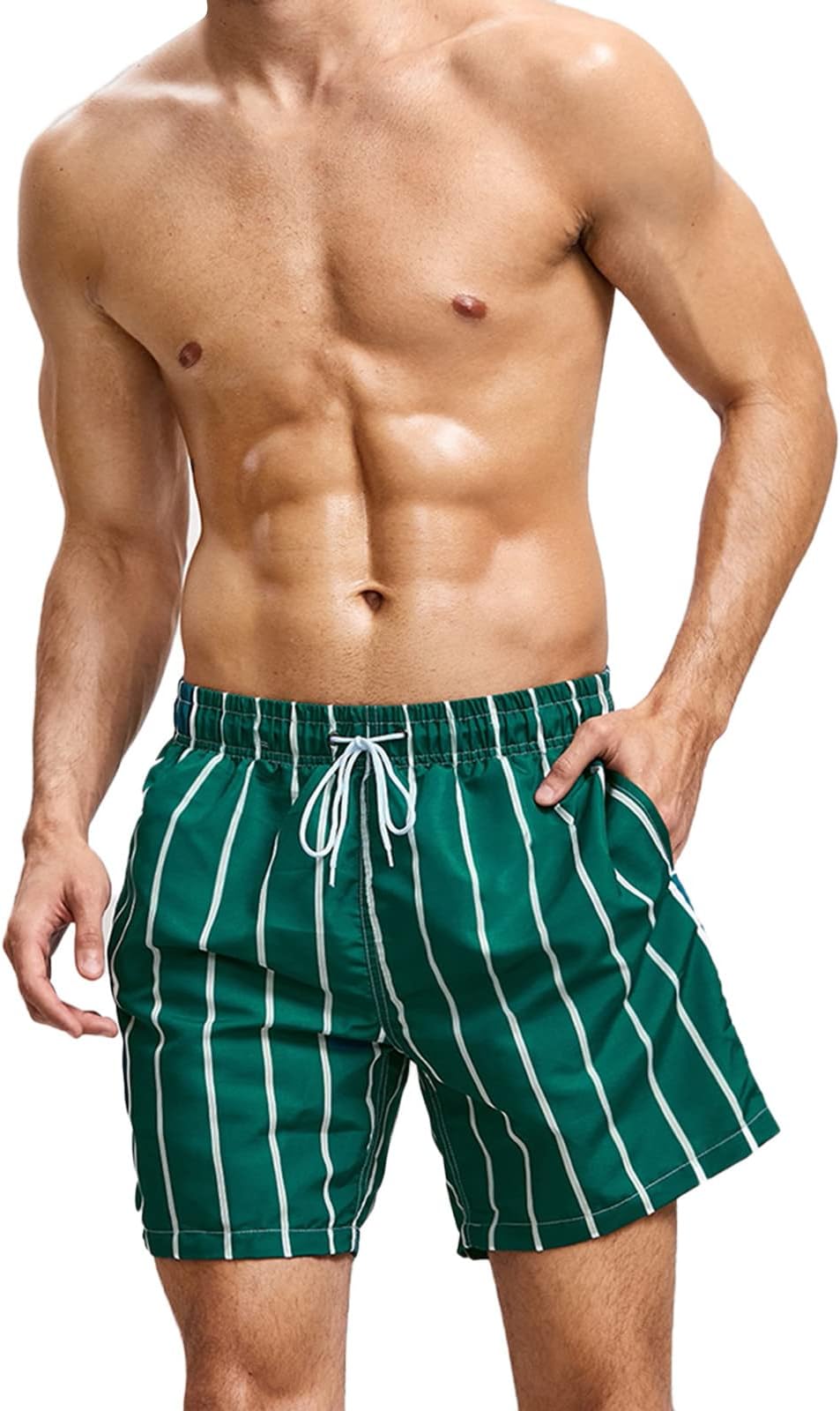 IQYU Men's Sports Shorts Fashion Stripes Regular Fit Beach Shorts with Drawstring Breathable Board Shorts Swim Trunks Stretch Material Casual Shorts Comfortable Functional Shorts Running Shorts