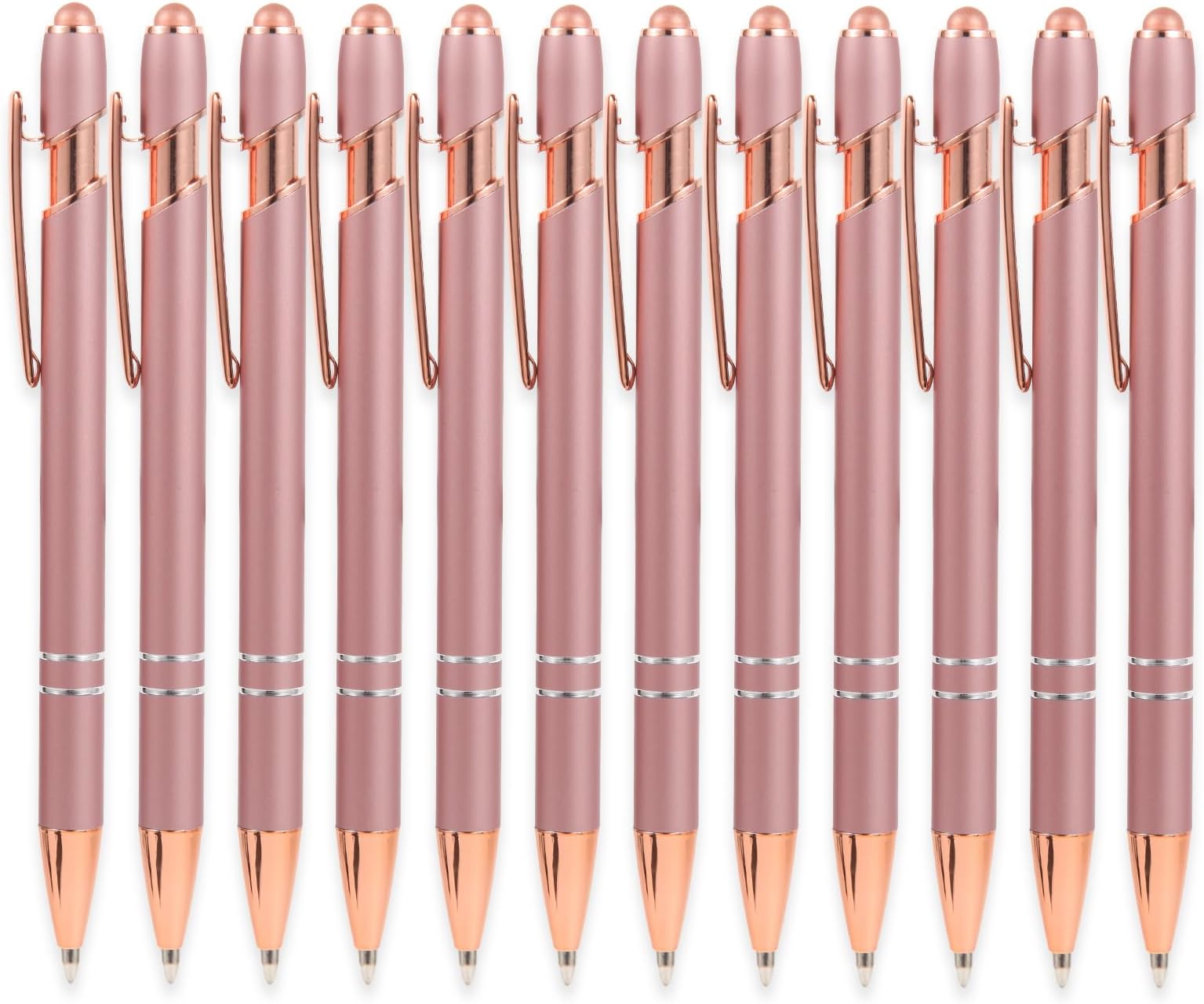 MengRan 12pcs Rose Gold Pens with Stylus Tip, Black Ink Medium Point Click Ballpoint Pens,Stylus Pens for Touch Screens (12 Rose Gold)