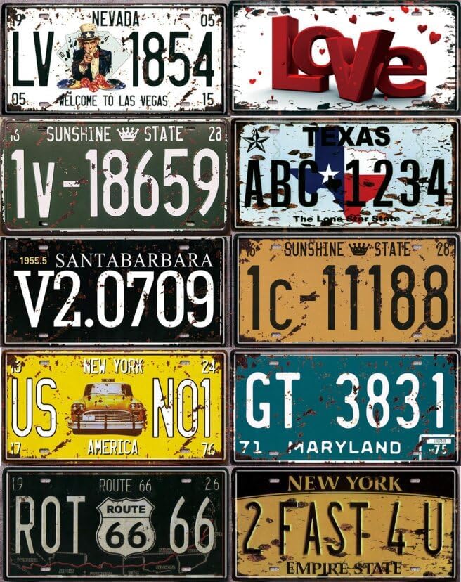 10 unidades surtidas de etiquetas retro vintage para números de automóvil, placas de matrícula en relieve, pared del hogar, automóvil, bar, garaje,