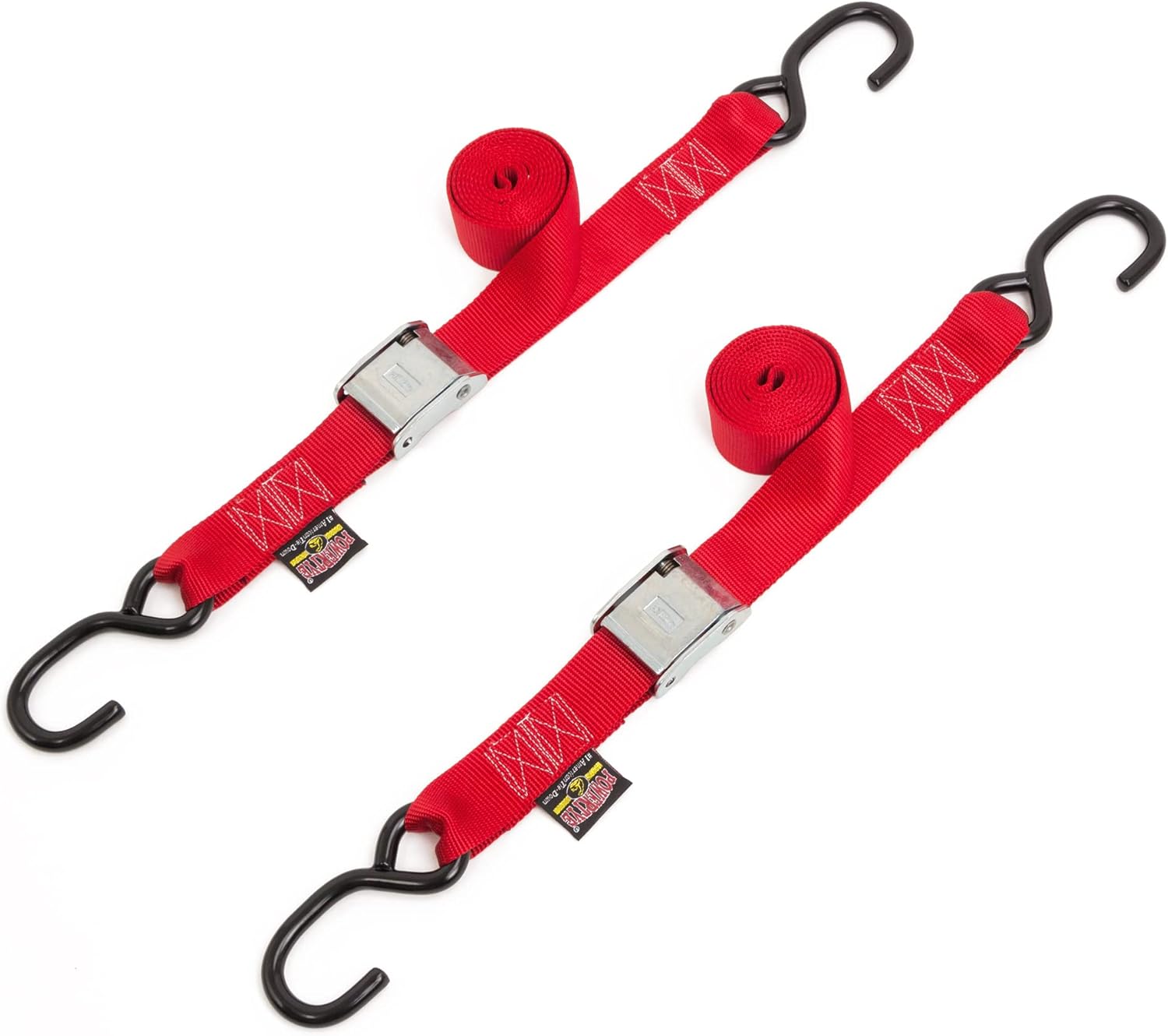1.5in x 5.5ft Cam Buckle Tie-Downs w/S-Hooks - 600 lb. WLL / 1,800 lb. Breaking Strength - Made in USA - Red (Pair)