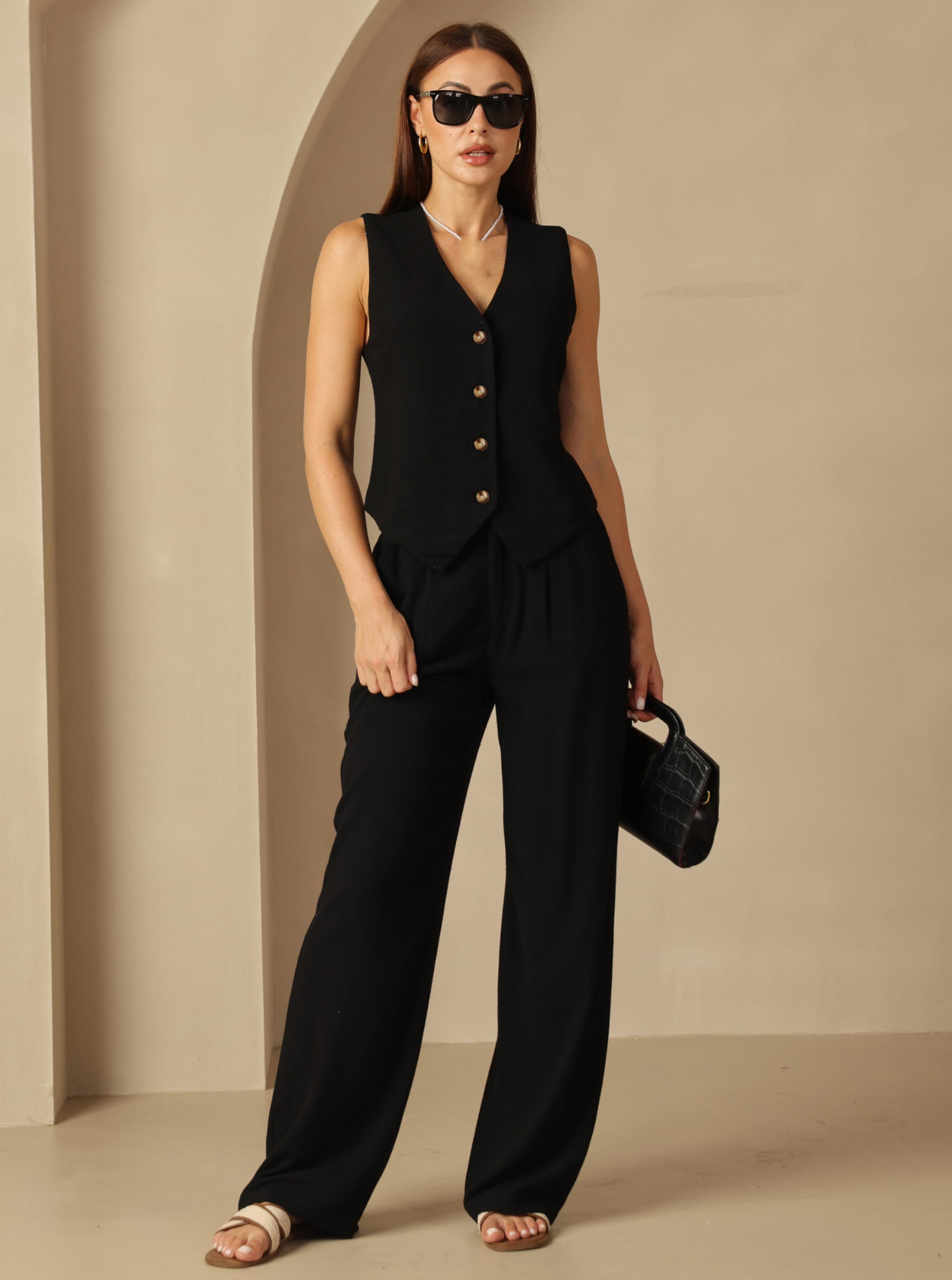 Fakanhui Conjunto de 2 piezas de lino para mujer, pantalones de pierna ancha, ropa de negocios