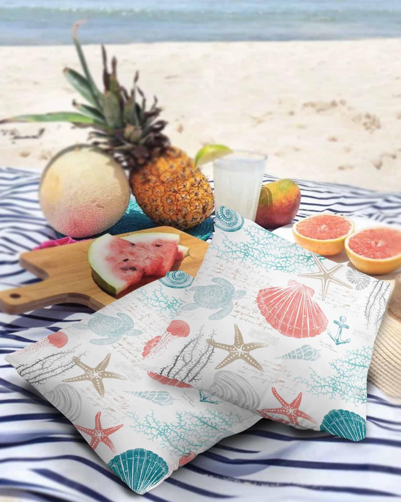 Coastal Coral Red Outdoor Pillow Cover 18x18 Inch Cushion Sham Case,Waterproof Decorative Square Throw Pillowcase for Outside Garden Patio Couch Chair Tent Nautical Ocean Turtle Teal Starfish Conch