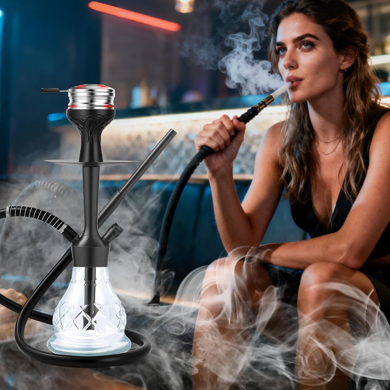 16.9" Premium Portable Hookah Set - Complete Travel Shisha Kit with Case, Silicone Hose & Stainless Steel Bowl for Home Use (L-Black)