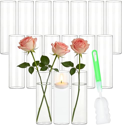 16 Pack Glass Cylinder Bud Vases for Centerpieces, 7.8” H x 2.5” W | Clear Flower Vases Bulk, Floating Candle Holder for Wedding Party Home Decor