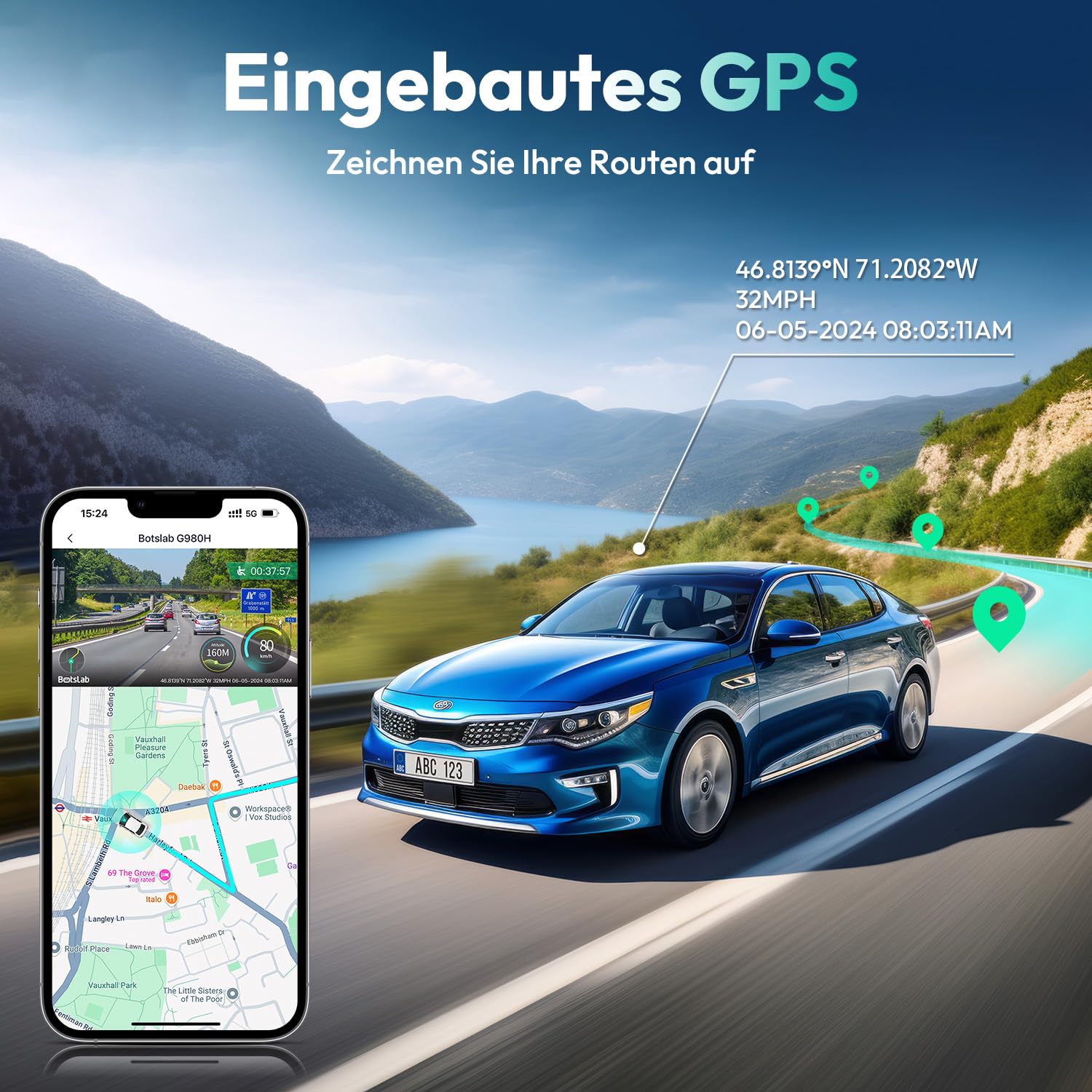 BOTSLAB Dashcam 4K+2K mit GPS WiFi Hardwire-Kit ADAS 64GB Karte 24/7 Parküberwachung 2,45" IPS Nachtsicht WDR 170° Weitwinkel