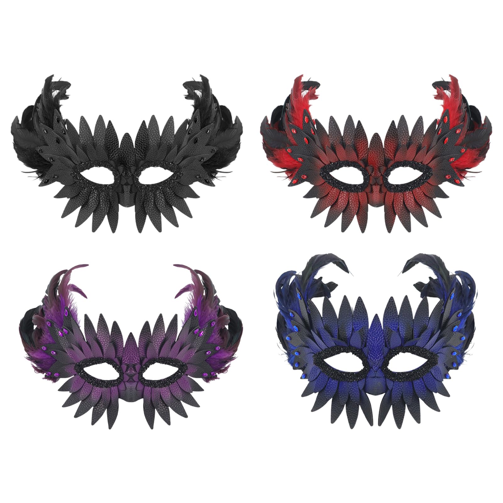 JewelryWe Maska wenecka dla mężczyzn i kobiet, gotycka, skóra PU, sowy, półmaska z piórami/strasem, maska maskowa, maska zwierzęca, maska ptaka, kostium na imprezę tematyczną, karnawał, Halloween