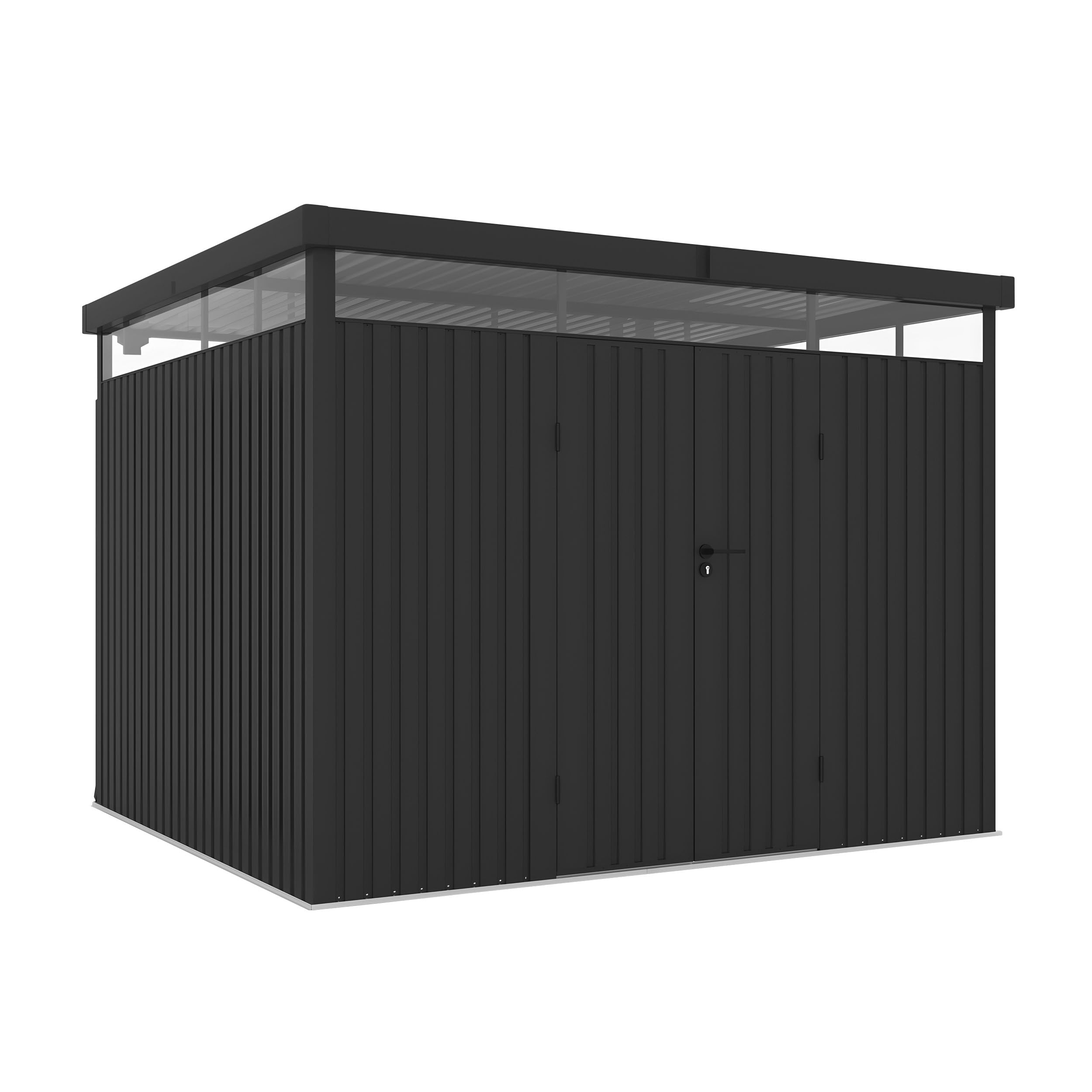Wasabi Gartenhaus für den Außenbereich, Metall, 7,66 m², Quarz – Dicke 0,40 mm, robust – Lampe inklusive – Schloss mit Schlüssel – 360° Dachfenster – Flachdach – robustes Lagerhaus – 296 x 259 x 218
