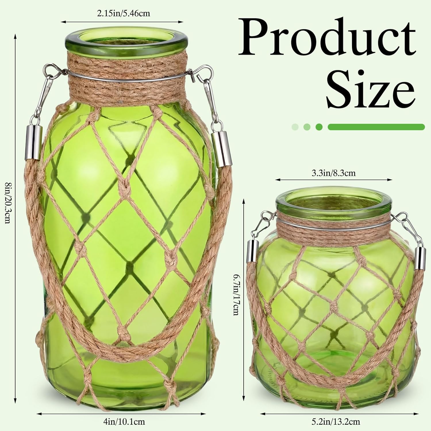 Set of 2 Olive Green Glass Vase Rope Net Dry Flower Glass Vase Rattan Hanging Mason Jar Wicker Boho Farmhouse Coastal Decor for Arrangement Wedding Party Table Decorations