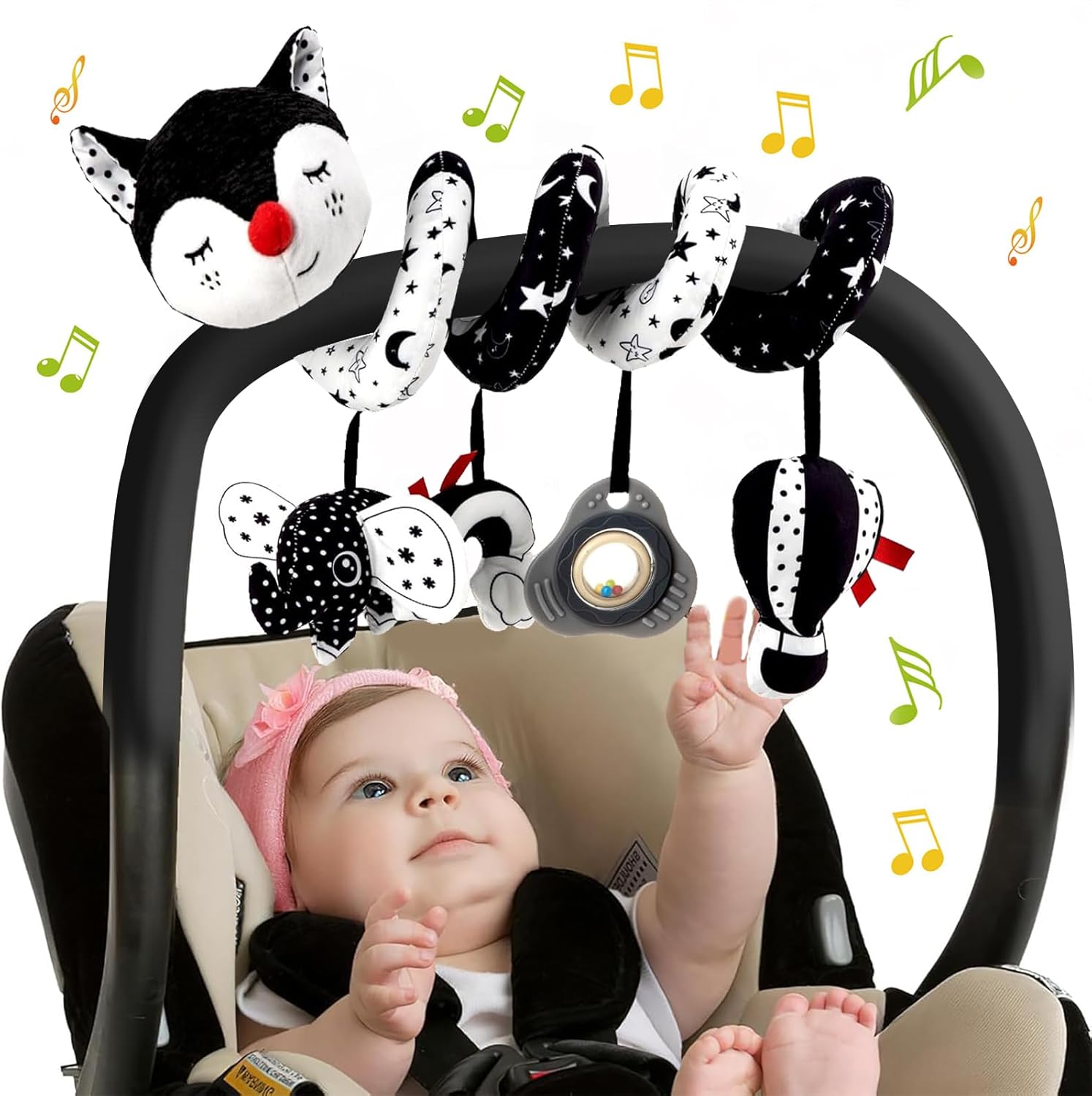 Kulveanju Spiral Pram Toys for Babies – Black and White Pushchair Stroller Car Seat Crib Toys for Baby Boys Girls 0 3 6 9 12 Months, Plush Activity Rattle Hanging Toy Sensory Gift for Newborn Infant