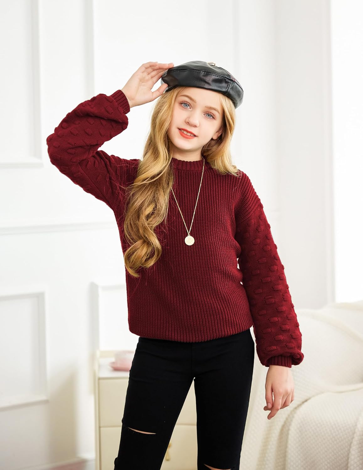 Arshiner Girls Crewneck Sweaters Chunky Lantern Sleeve Knit Jumper Tops Casual Drop Shoulder Pullover Outwear for 5-13 Years - Image 6