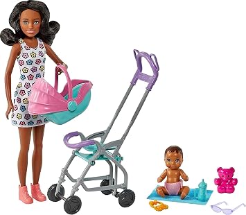 Barbie Skipper Babysitters, Inc. Playset with Babysitter Doll Curly Brunette Hair, Stroller, Baby Doll & 5 Accessories, Toy for 3 Year Olds & Up