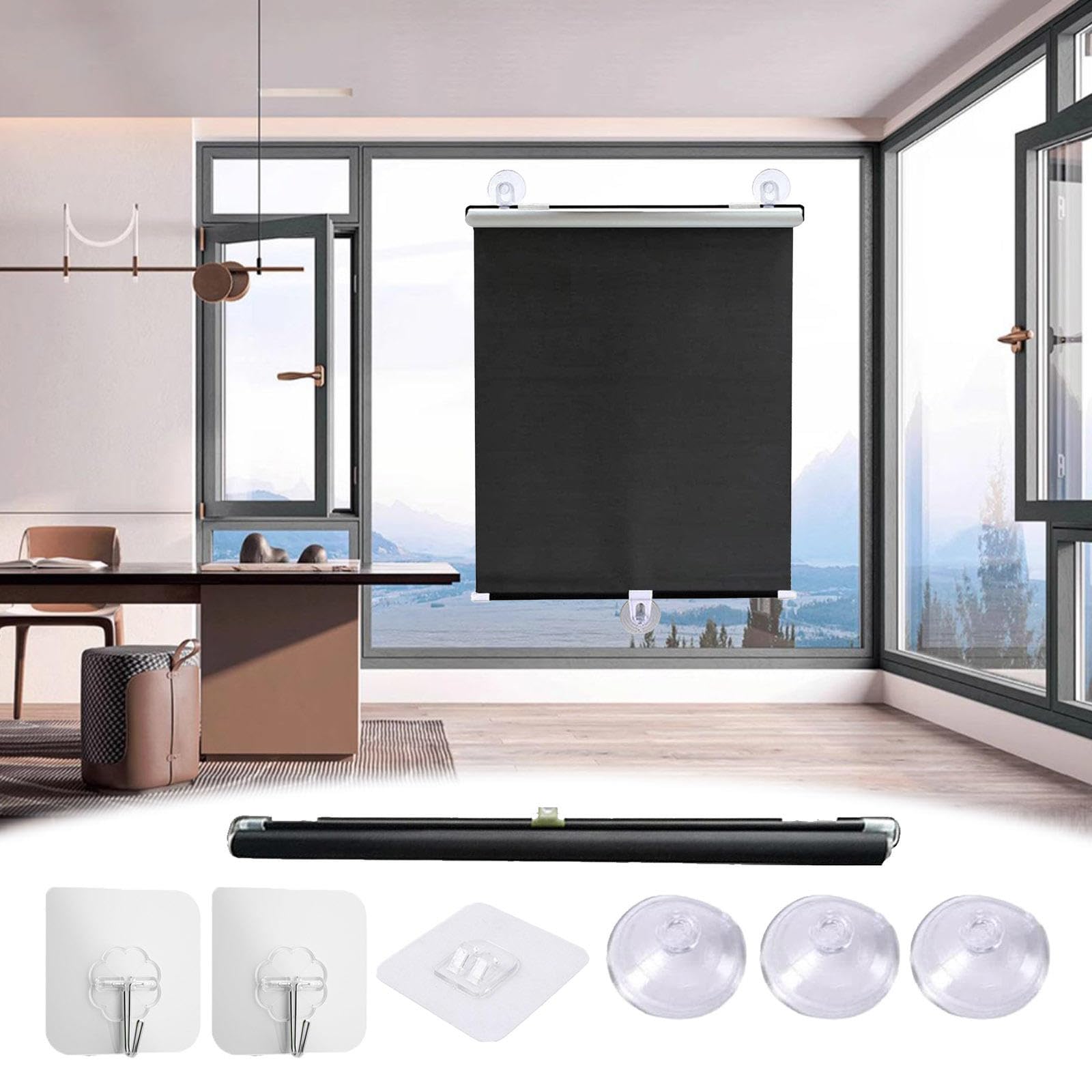 DECAKE Indoor Blackout Roller Blinds,Roller Shades with Suction Cups,Sunshade Blinds for Windows,Retractable Privacy Curtains,Portable Temporary Blinds,No Drilling,Black-30×125cm(11.8 * 49.2in)