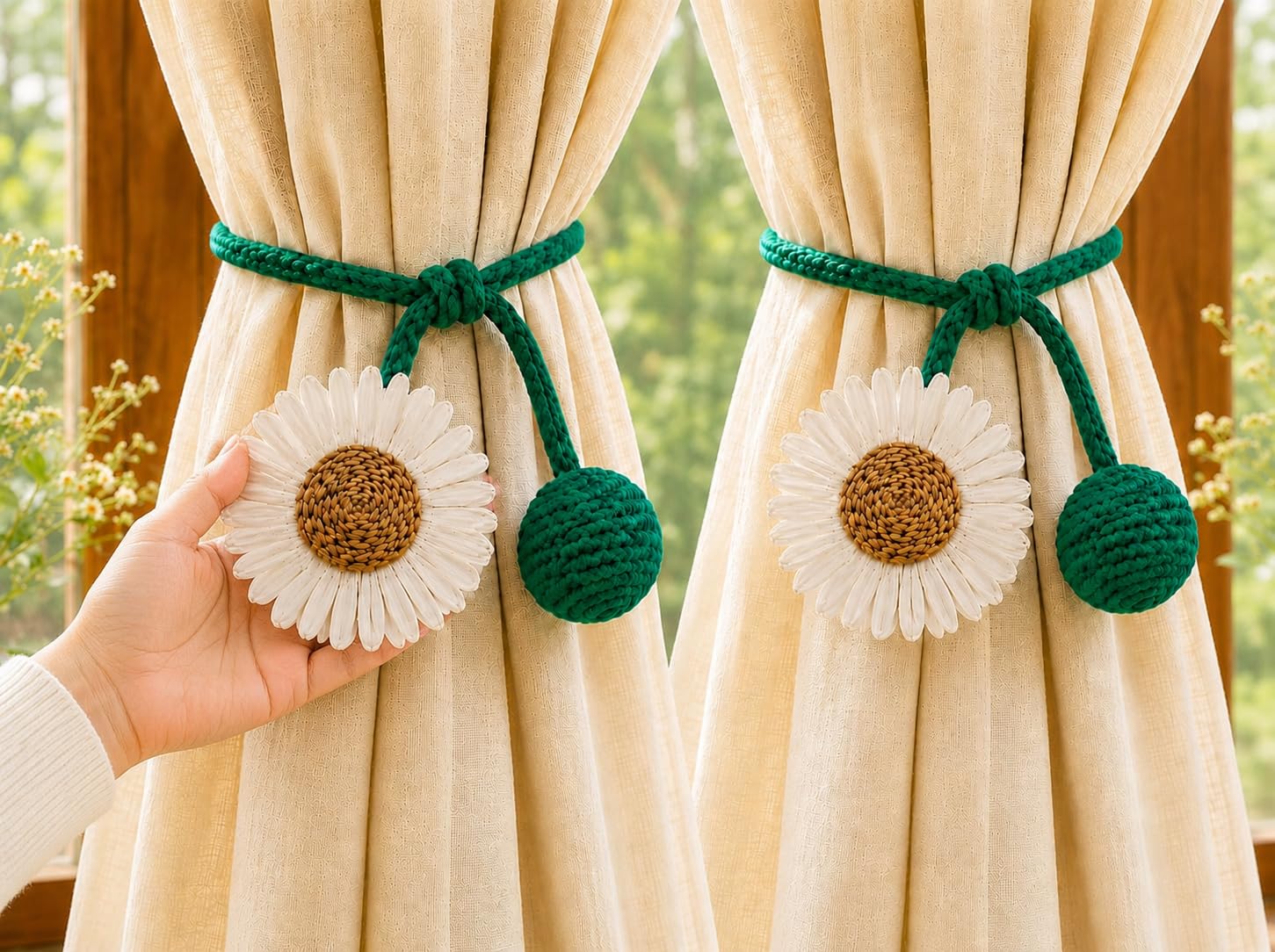 Daisy Handmade Curtain Tieback, Wool Curtain Holder with Decorative Flower & Knitted Ball, Curtain Tie Back Rope for Living Room, Bedroom, Nursery, Boho Farmhouse Home Decor, Pack of 0 (2, Green)-image-17