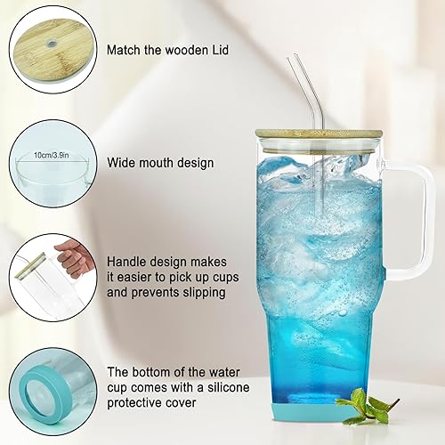 Miniatura 3 de Vaso de vidrio de 32 onzas con popote y tapa de bambú, taza de agua de vidrio de gran capacidad con asa, taza de café helado reutilizable con