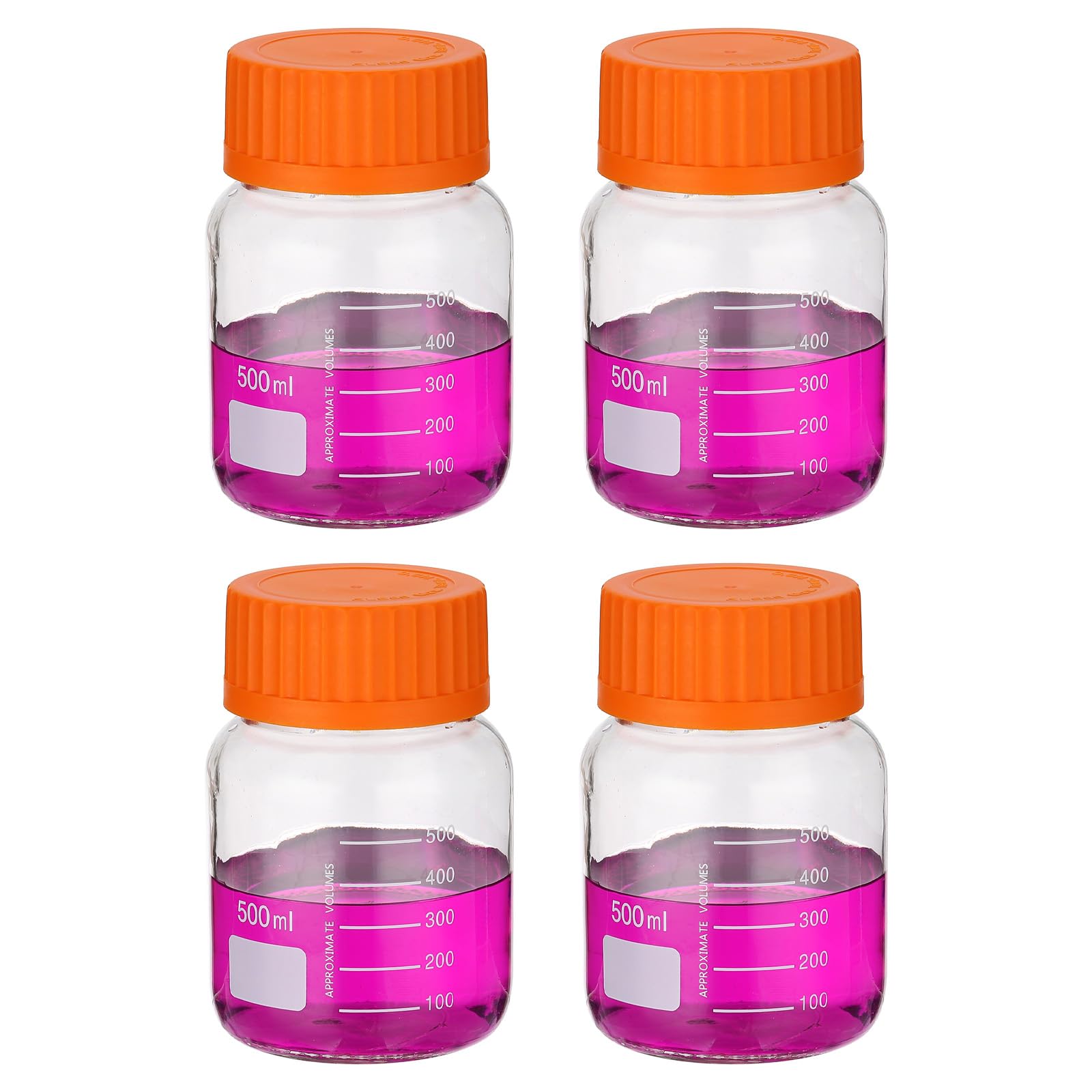 PATIKIL Paquete de 4 botellas de almacenamiento de medios de reactivo, 500 ml, botellas redondas graduadas de boca ancha con tapón de rosca GL32 naranja para líquidos reactivos de agua de laboratorio,