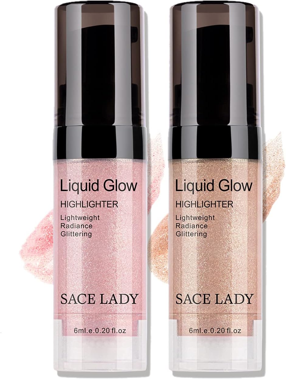 SACE LADY 2 Colors Liquid Highlighter Makeup Set Shimmer Shine Ultra-Smooth Radiant Illuminator Kit for Face Cheekbone Body Glow Bronzer Glitter Illuminating Highlighters Make-up, 2×0.2Fl Oz
