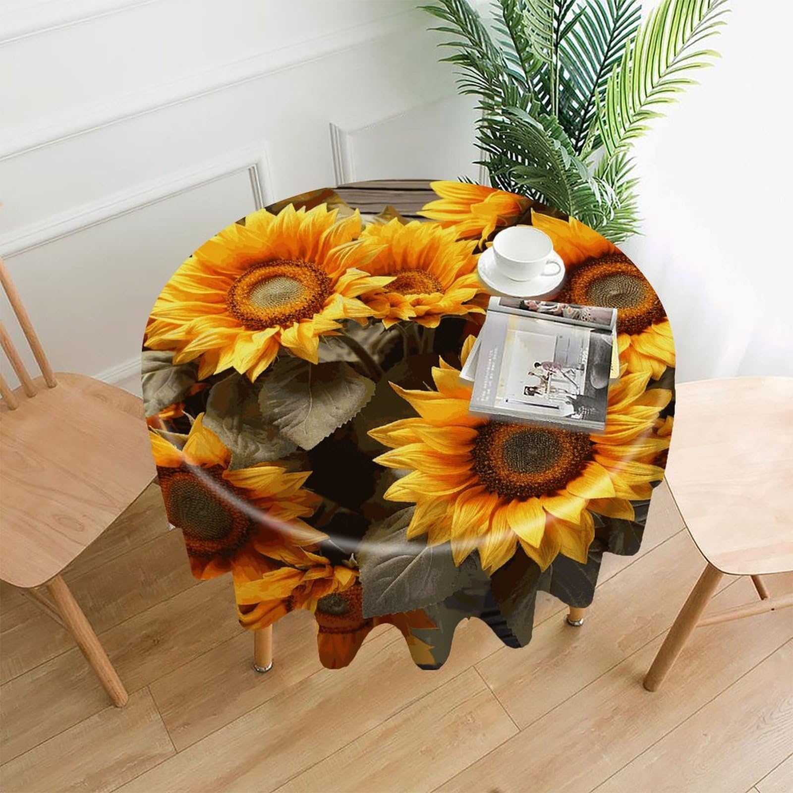 FekiLoot Plants Theme Sunflower Round Tablecloth Cover 60 Inch Wrinkle Free Washable Polyester Fabric Table Cover Decorative Round Table Cloth for Home Dining Kitchen Party Farmhouse