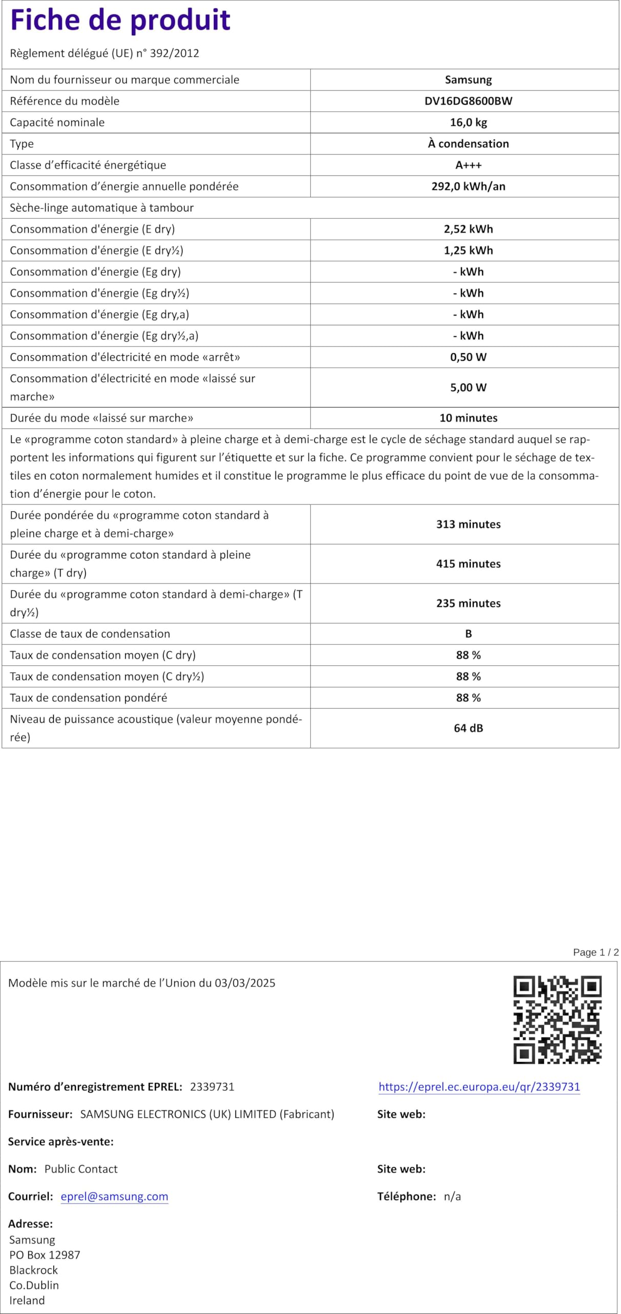 Samsung Sèche-linge Pompe à Chaleur 16 kg DV16DG8600BW/U3 Wifi AI Dry Chargement Frontal