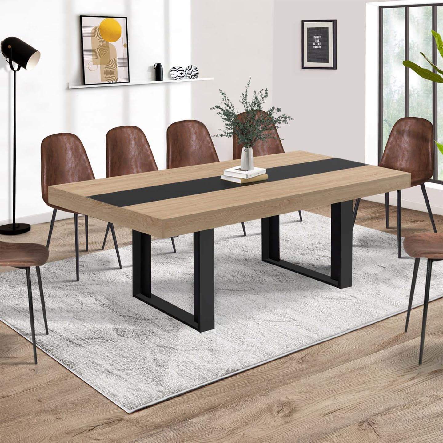 IDMarket - Table à Manger Extensible Rectangle Phoenix 6-12 Personnes Bois et Noir Bande Centrale Noire 200-300 cm