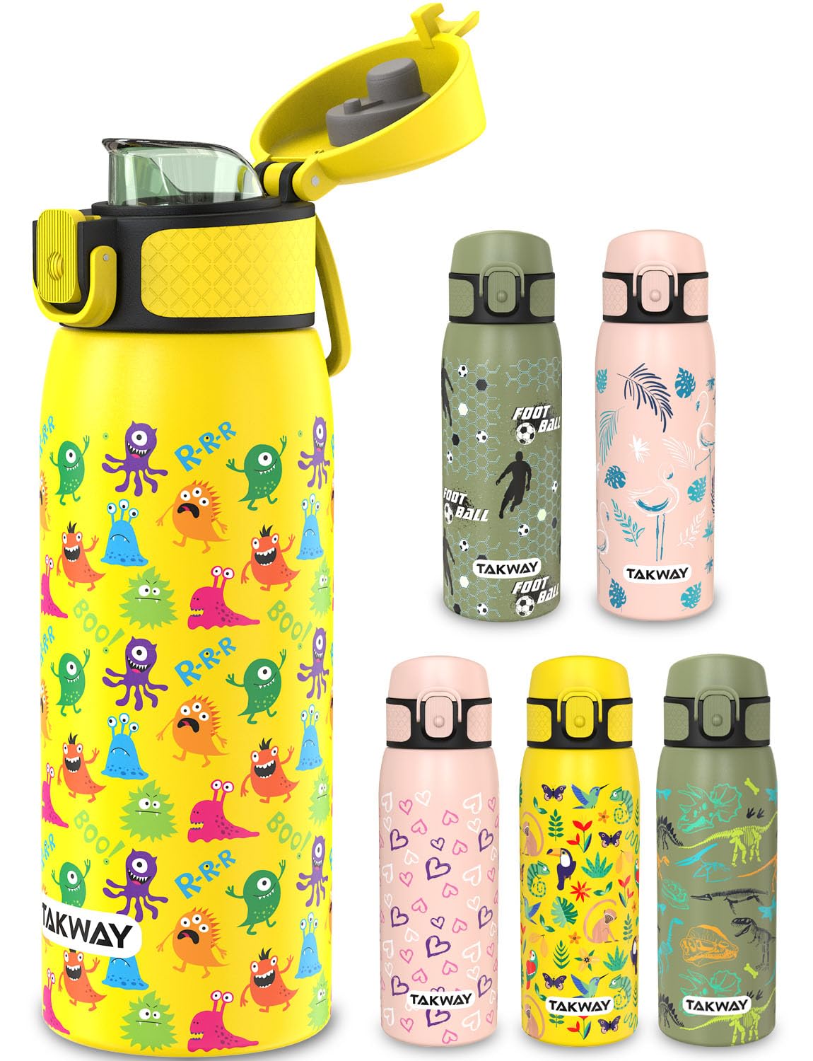 TAKWAY Edelstahl Trinkflasche Kinder 550ml - Auslaufsicher, isoliert und Kohlensäure geeignet - Flasche für Schule, Sport (Monster)