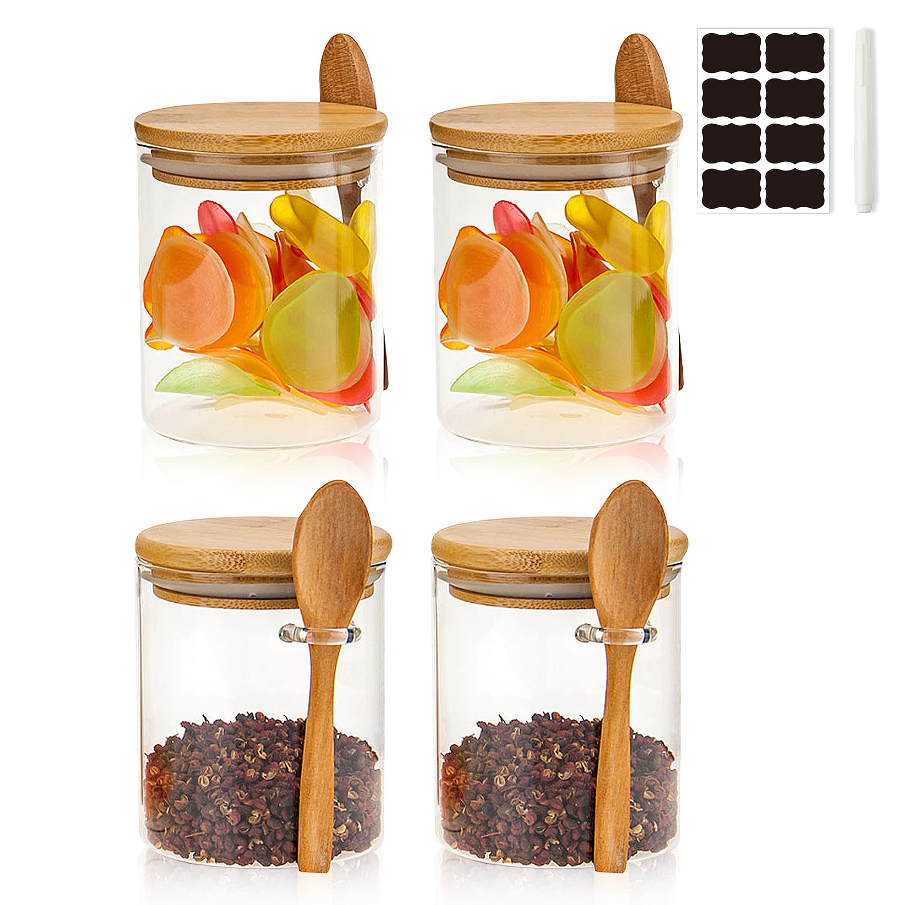 Glass Storage Jars with Bamboo Airtight Lids and Spoon, 540 ml Glass Containers, Glass Canisters, Kitchen Canisters for Candy, Cookie, Rice, Sugar, Flour, Pasta, Nuts, Set of 4