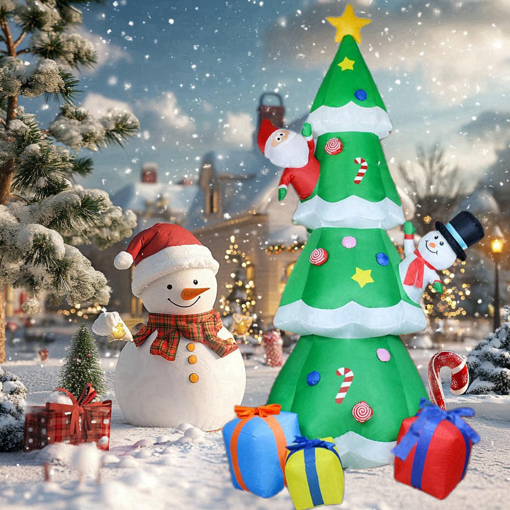 ZXSWONLY Sapin de Noël gonflable vert de 9 pieds avec lumières LED intégrées, décoration de Noël gonflable avec Père Noël et bonhomme de neige pour le jardin de fête de Noël