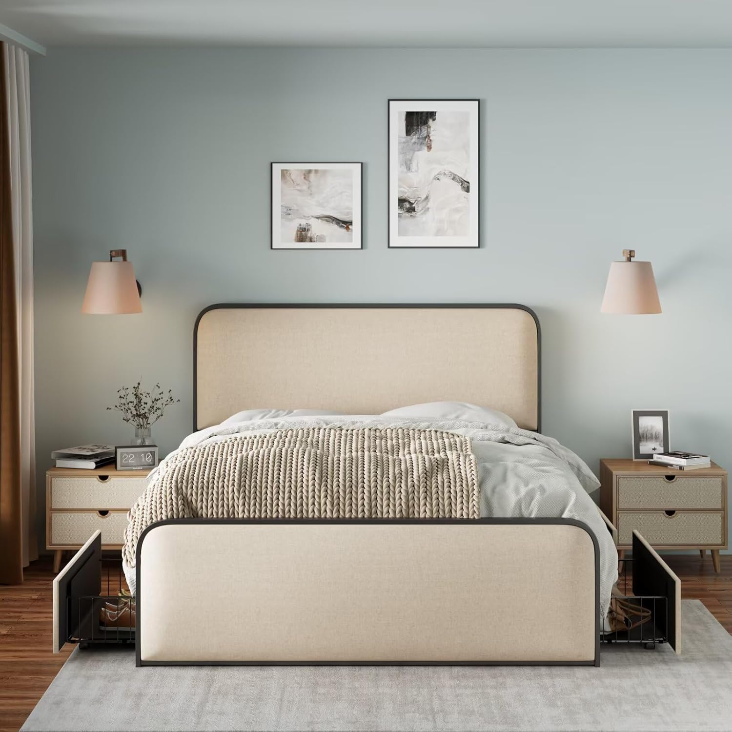 JIJIWANG Queen Size Metal Bed Frame with Curved Upholstered Headboard and Footboard, Modern Platform Bed with 4 Storage Drawers Heavy Duty Metal Slats Beige