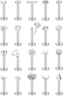 18G 20Pcs Threadless Push in Nose Stud Rings Lip Rings for Women Men Flat Back Earrings CZ Ball Heart Stainless Steel Tragus Labret Helix Cartilage Earrings Piercing Jewelry Set