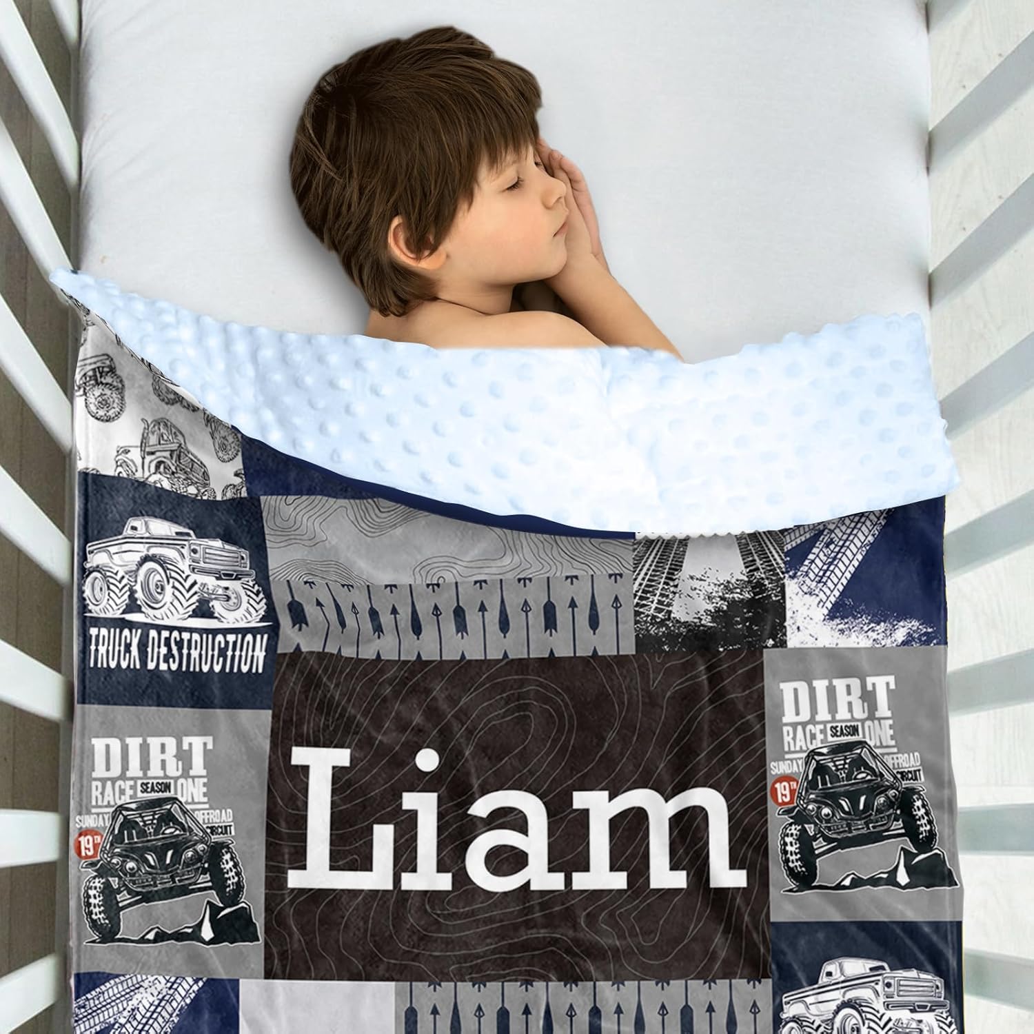 Personalized Baby Blanket for Boys, Personalized Baby Gifts, Custom Name Baby Blanket, Gray Blue Plush and Cozy Blanket with Off-road Car Design, Baby Gifts for Newborn, Baby Boys Newborn Essentials