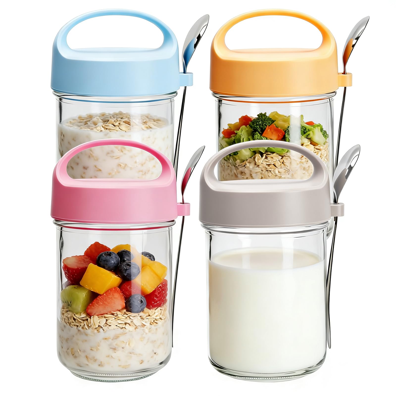 Overnight Oats słoiki z pokrywką i łyżeczką, 410 ml, z zakręcaną pokrywką, szczelne słoiki na przetwory śniadaniowe, sałatki, musli, mleko, kaszki i owoce, 4 sztuki