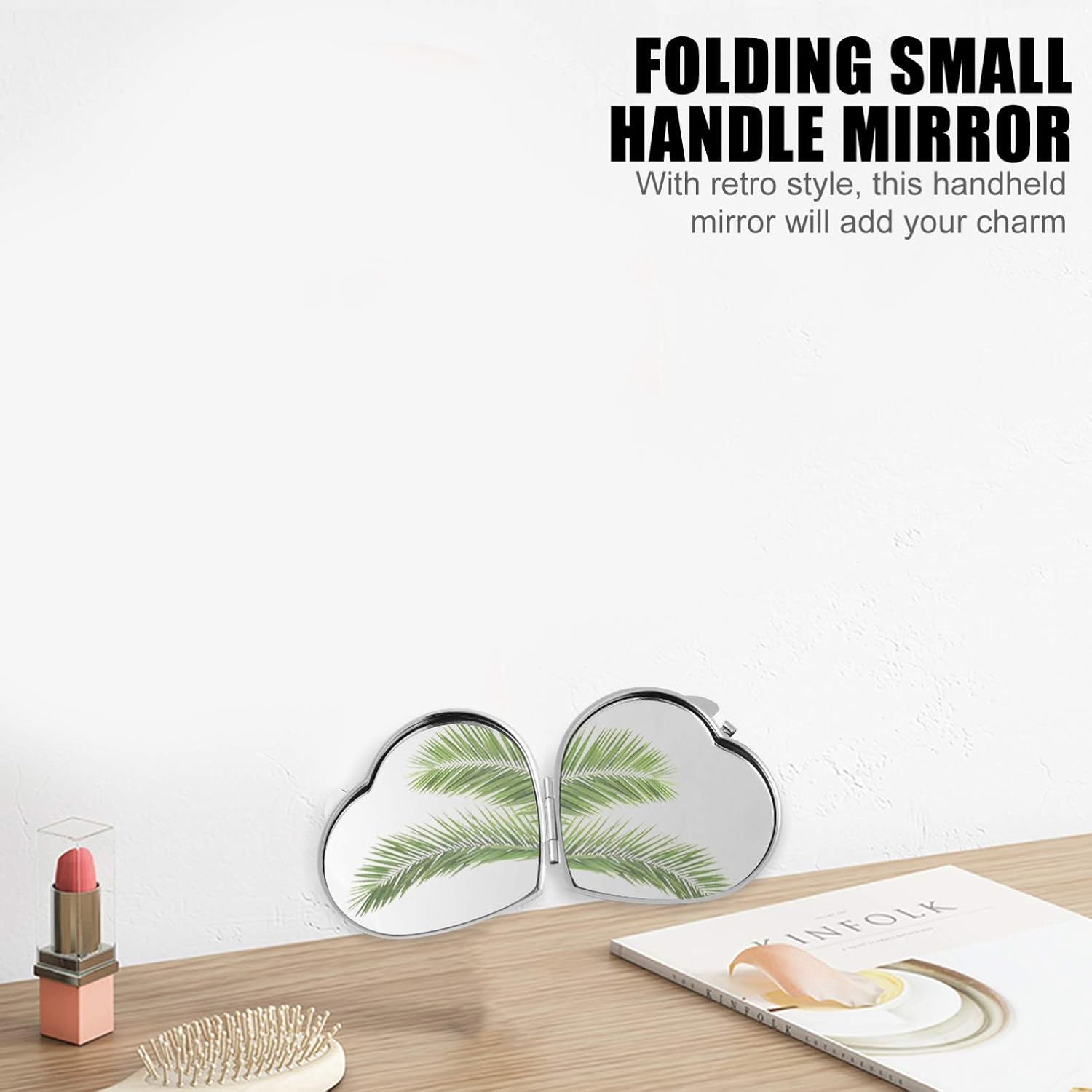 FRCOLOR Foldable Mini Heart Shaped Makeup Mirror Portable Metal Romantic Dual Sided Vanity Mirror Compact Travel Mirror Makeup Tools for Women Girls Silver - Image 5